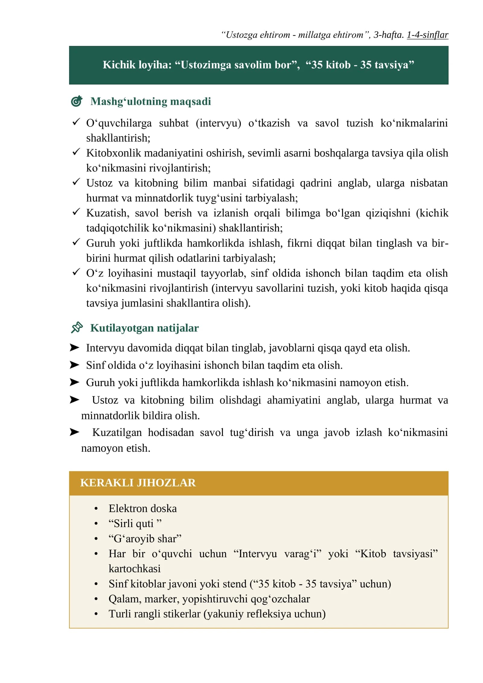 "Ustozga ehtirom - millatga ehtirom", 3-hafta. 1-4-sinflar