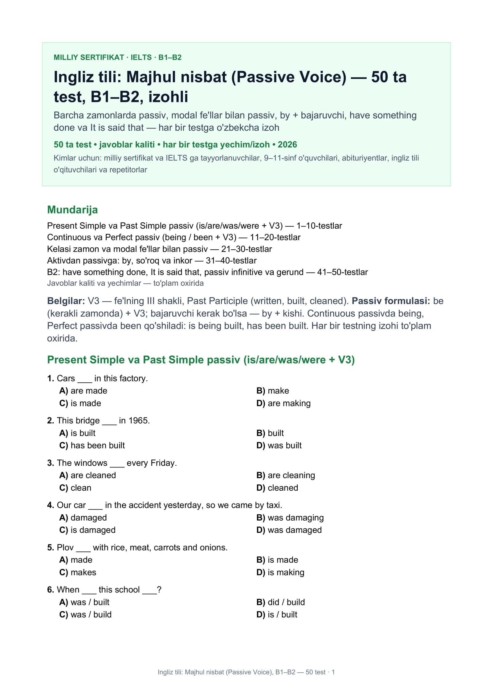 Ingliz tili: Majhul nisbat (Passive Voice), B1–B2
