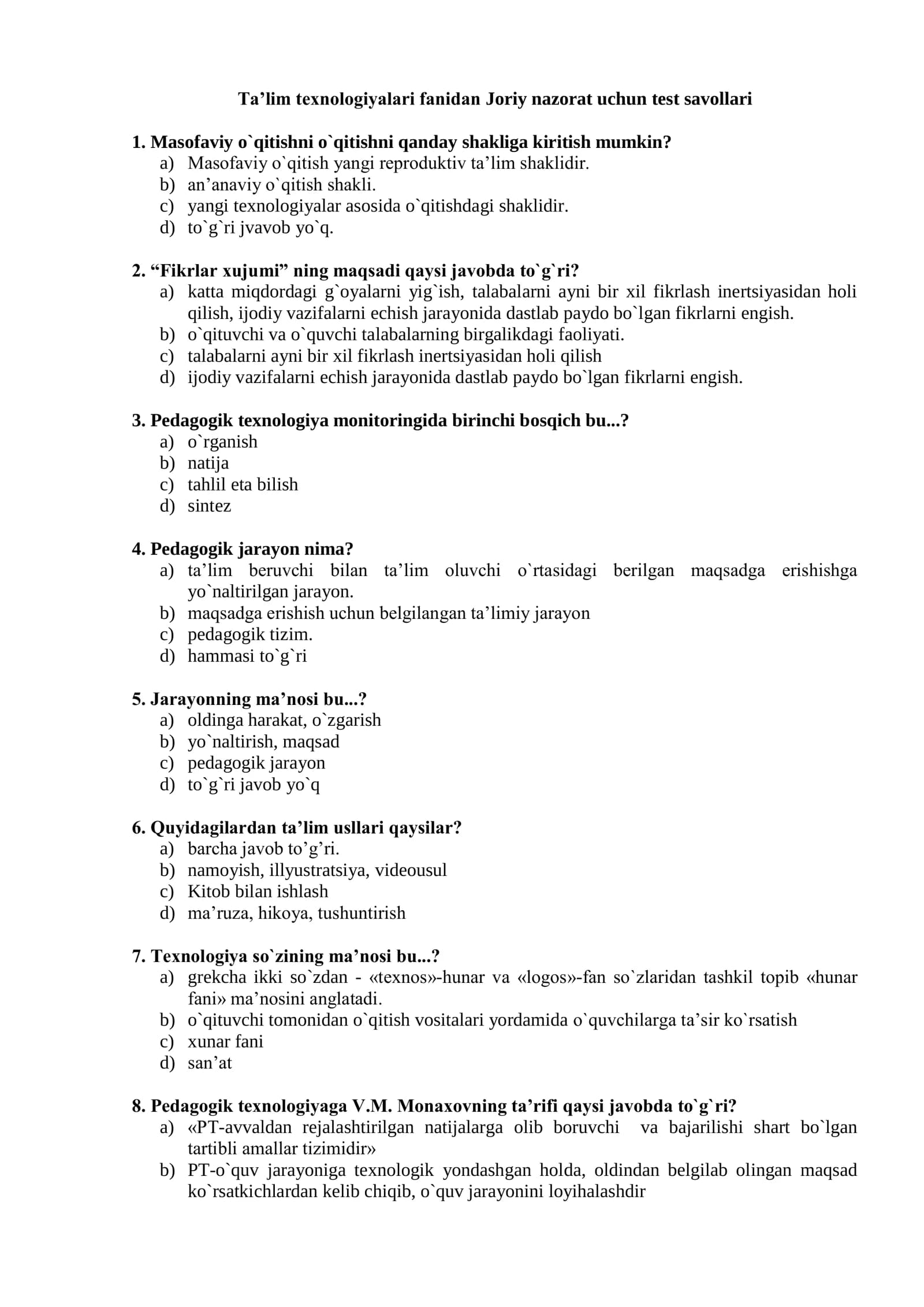 Ta’lim texnologiyalari fanidan Joriy nazorat uchun test savollari