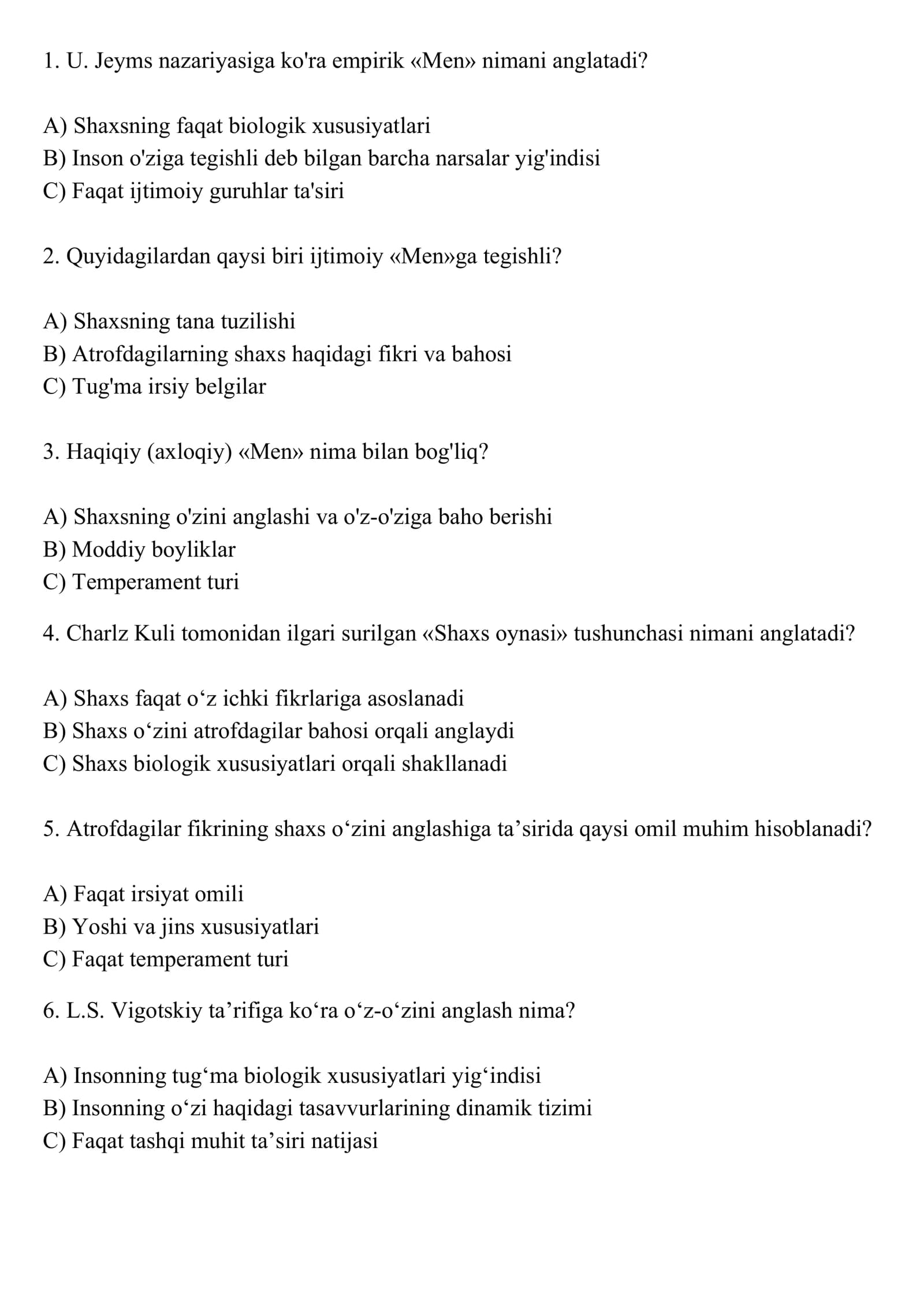 Atrofdagi narsalar o'z o'zini anglashini ta'sir qiladi
