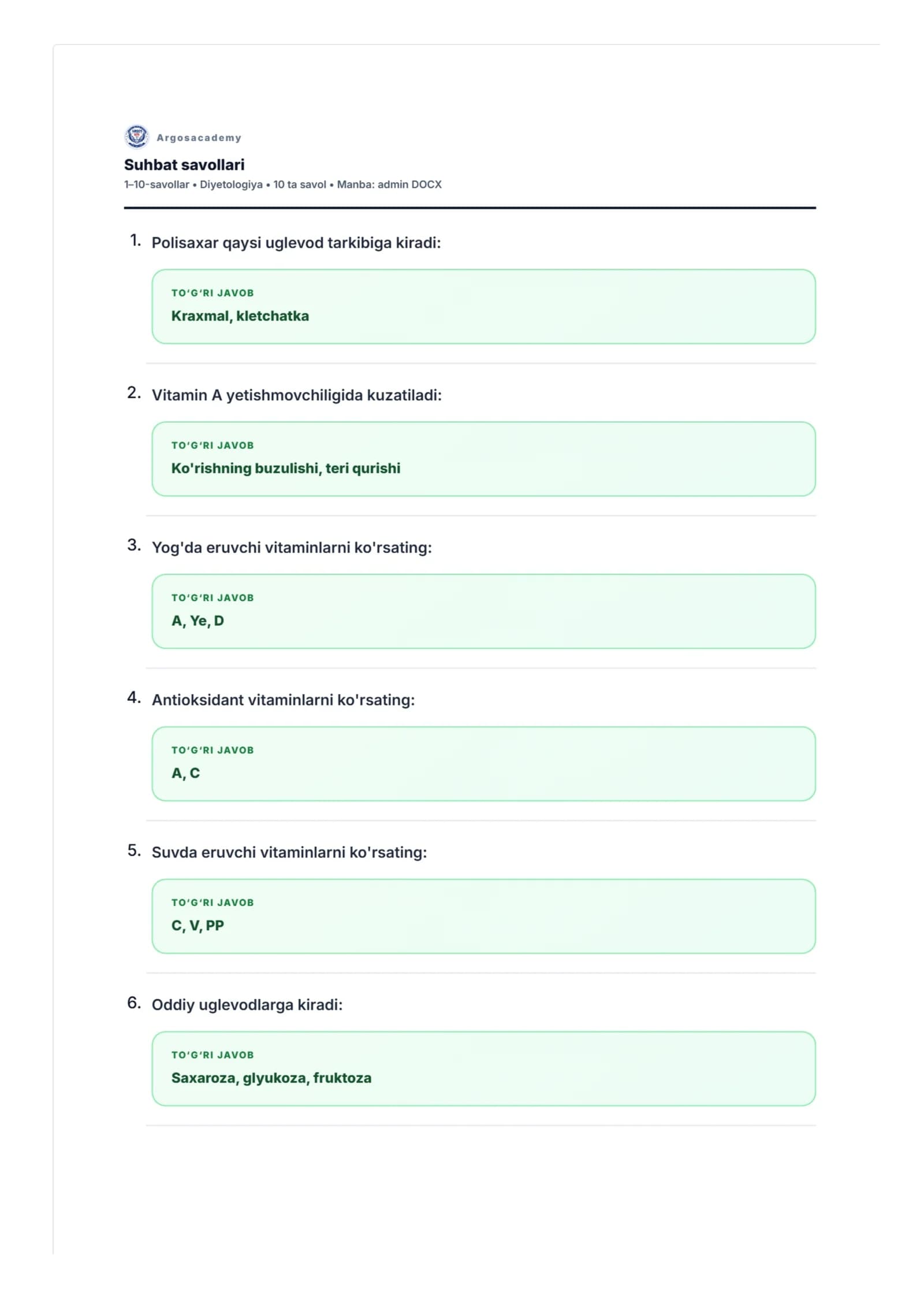 Diyetologiya bo'yicha testlar (argos.test)