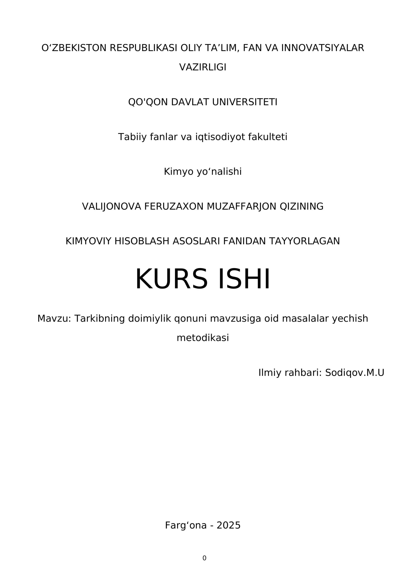 KIMYOVIY HISOBLASH ASOSLARI FANIDAN TAYYORLAGAN KURS ISHI