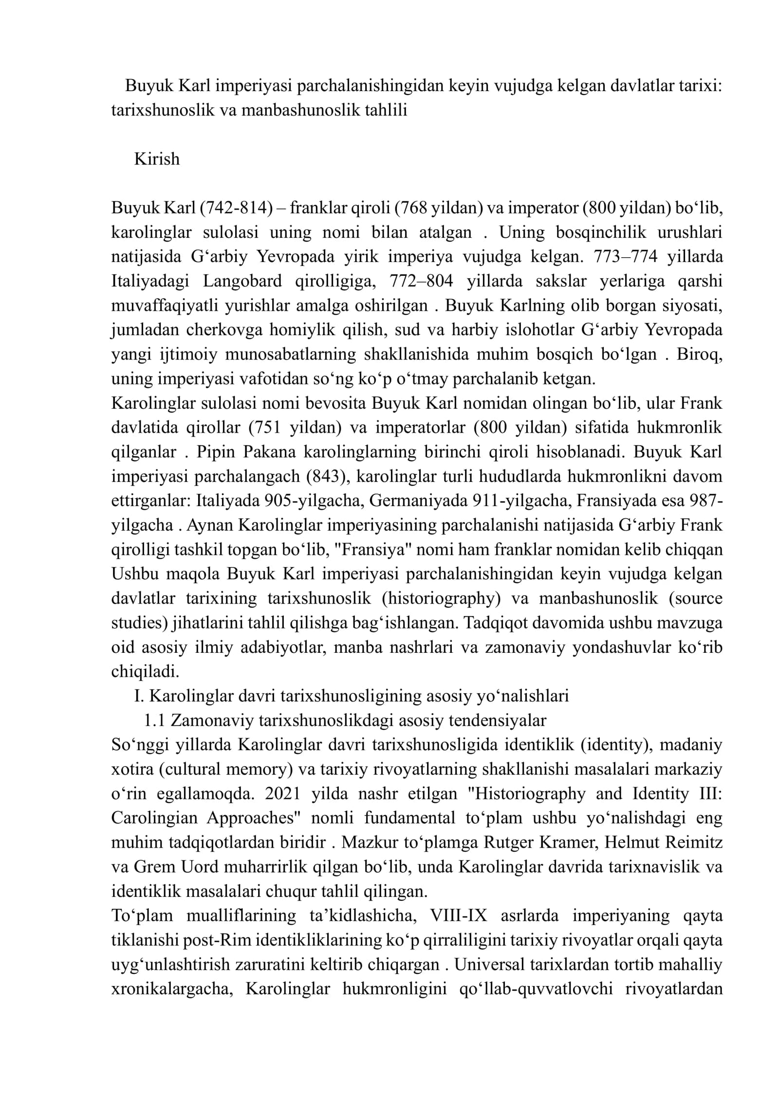 Buyuk Karl imperiyasi parchalanishingidan keyin vujudga kelgan davlatlar tarixi: tarixshunoslik va manbashunoslik tahlili