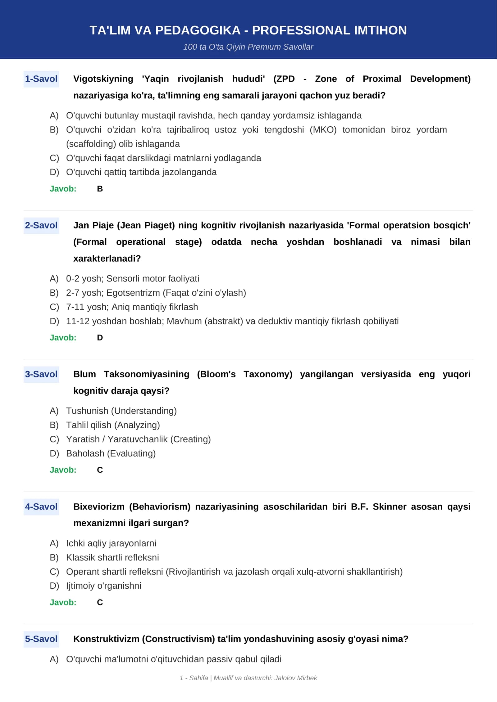 TA'LIM VA PEDAGOGIKA - PROFESSIONAL IMTIHON