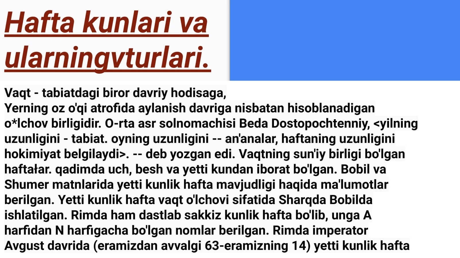 Hafta kunlari va ularning turlari
