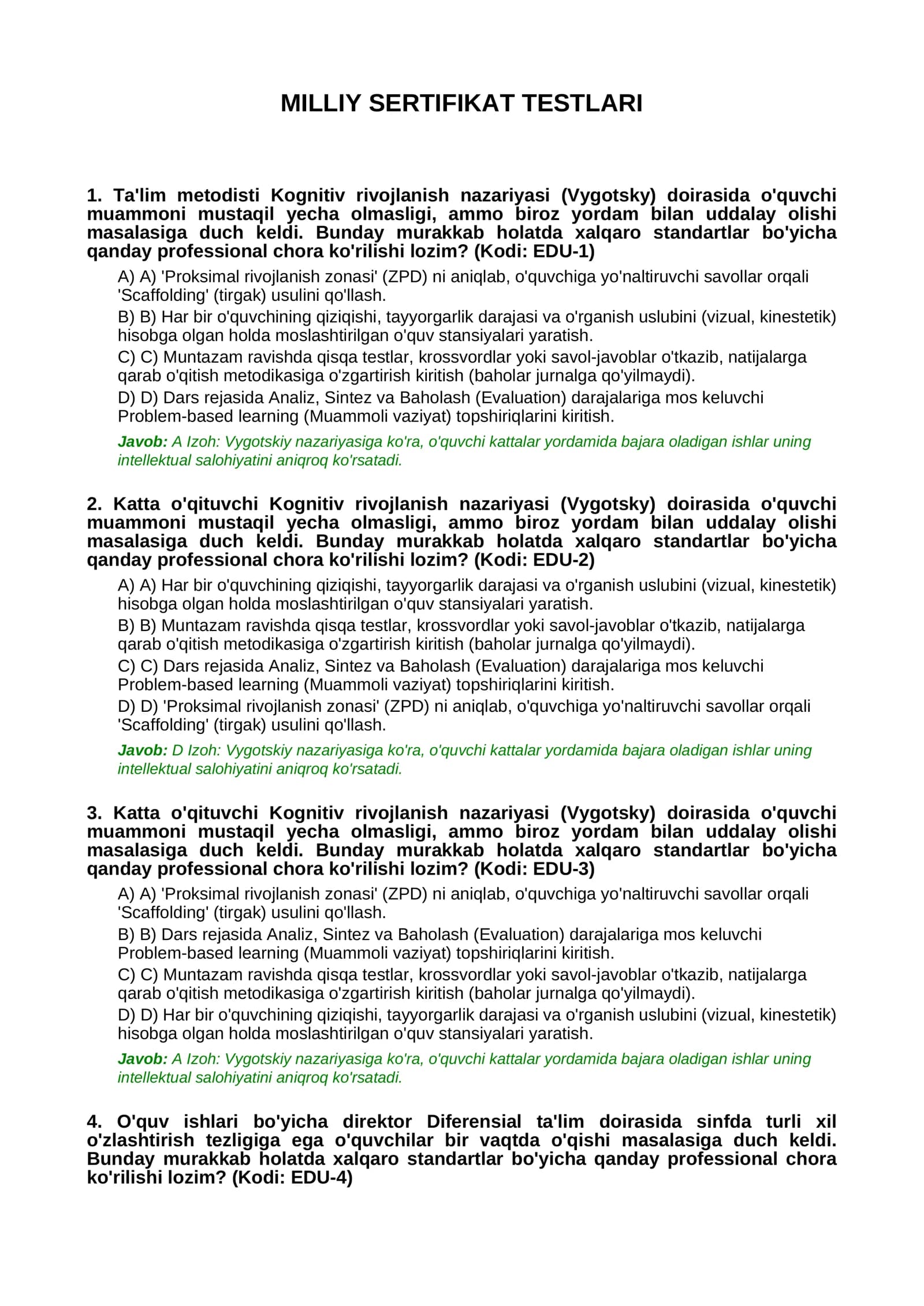 MILLIY SERTIFIKAT TESTLARI