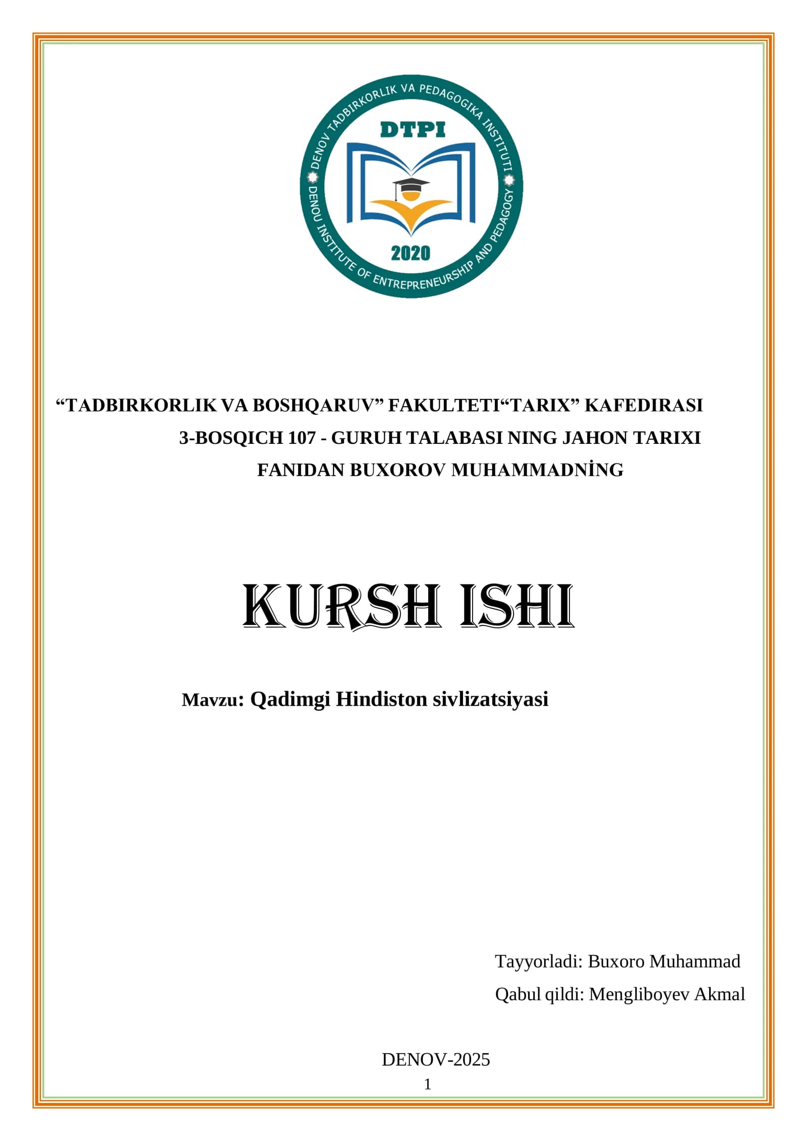 Qadimgi Hindiston sivilizatsiyasi kurs ishi