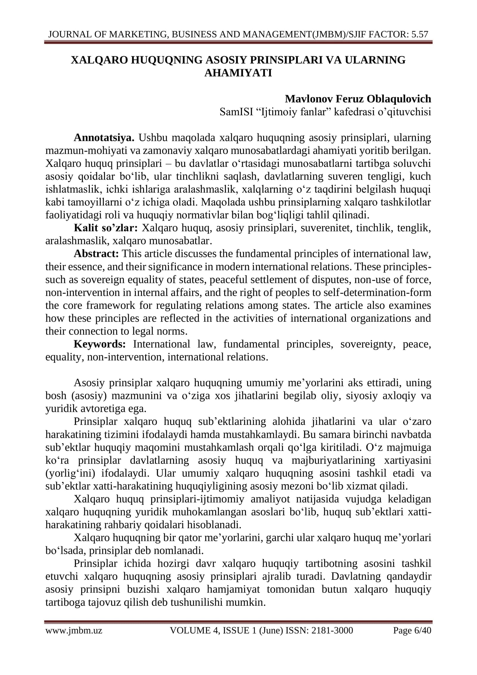 XALQARO HUQUQNING ASOSIY PRINSIPLARI VA ULARNING AHAMIYATI