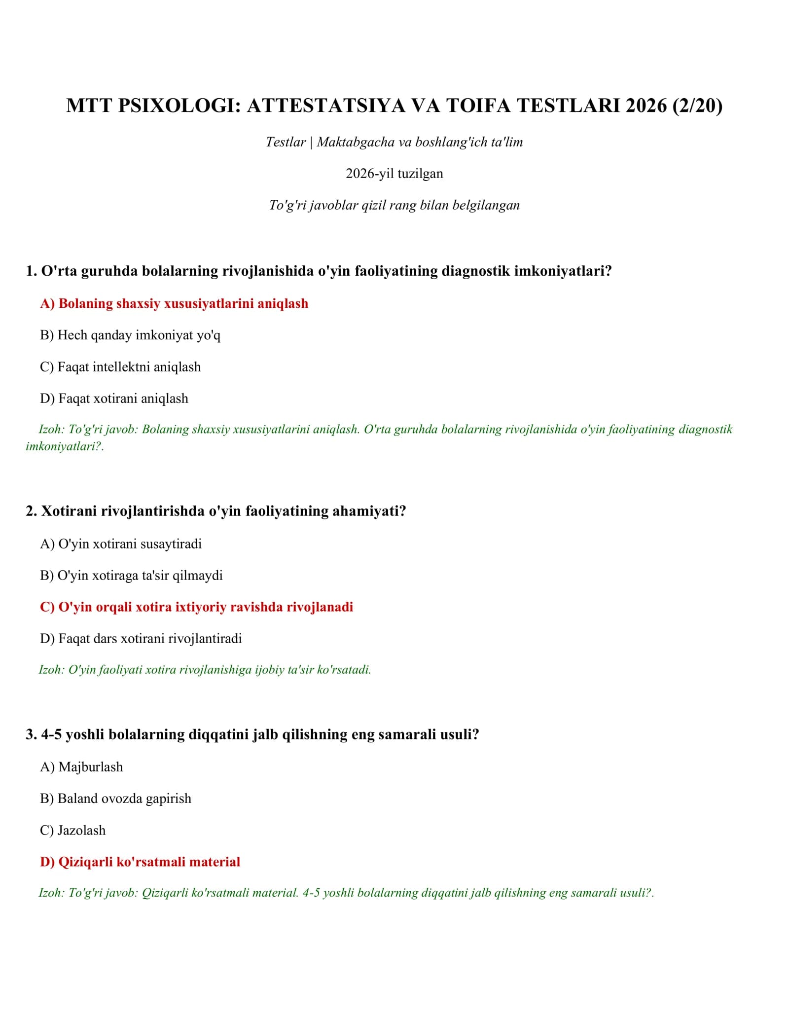 MTT PSIXOLOGI: ATTESTATSIYA VA TOIFA TESTLARI 2026 (2/20)