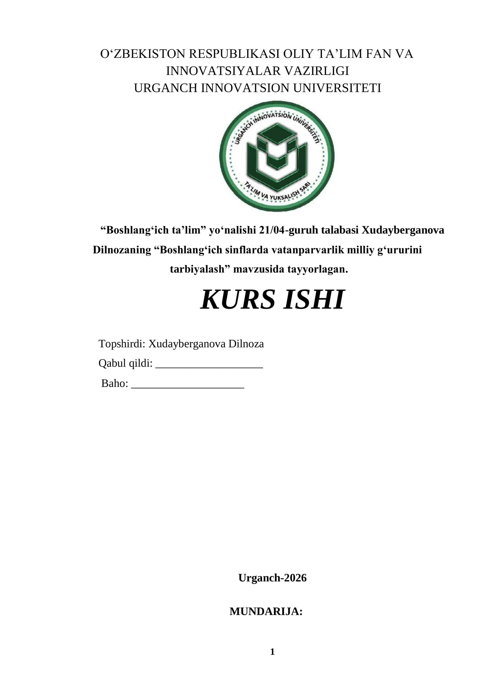 Boshlangʻich sinflarda vatanparvarlik milliy g„ururini tarbiyalash