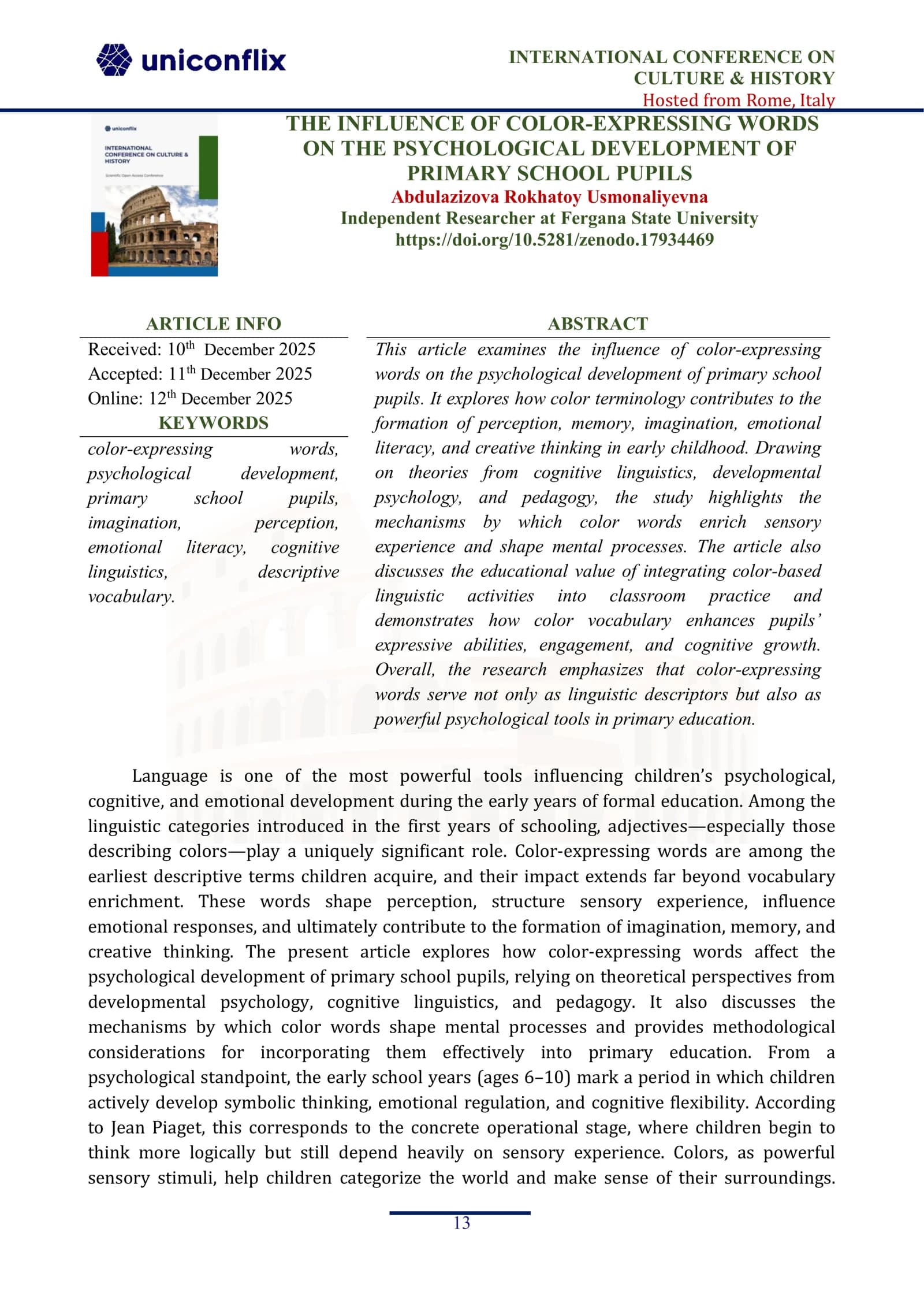 THE INFLUENCE OF COLOR-EXPRESSING WORDS ON THE PSYCHOLOGICAL DEVELOPMENT OF PRIMARY SCHOOL PUPILS