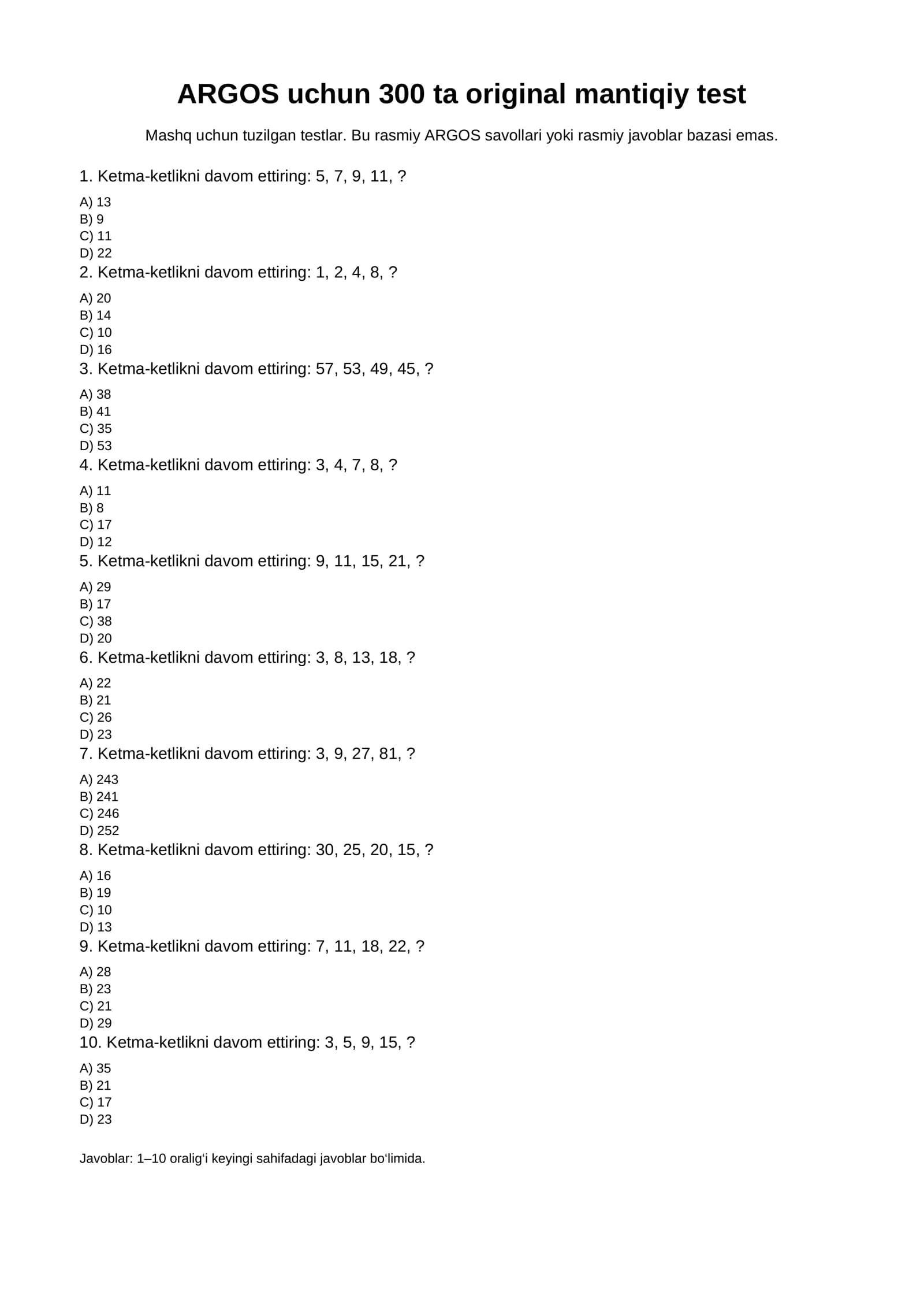ARGOS uchun 300 ta mantiqiy IQ test — savollar va javoblar bilan