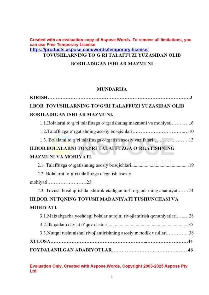 Tovushlarning to‘g‘ri talaffuzi yuzasidan olib boriladigan ishlar mazmuni