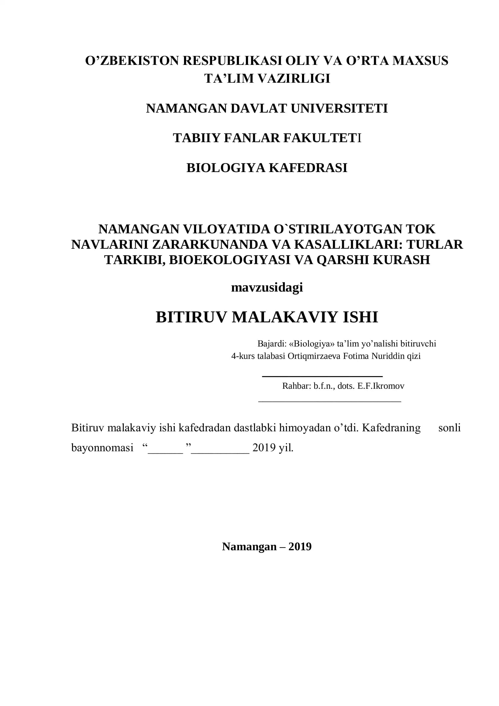 TOK NAVLARINI ZARARKUNANDA VA KASALLIKLARI: TURLAR TARKIBI, BIOEKOLOGIYASI VA QARSHI KURASH
