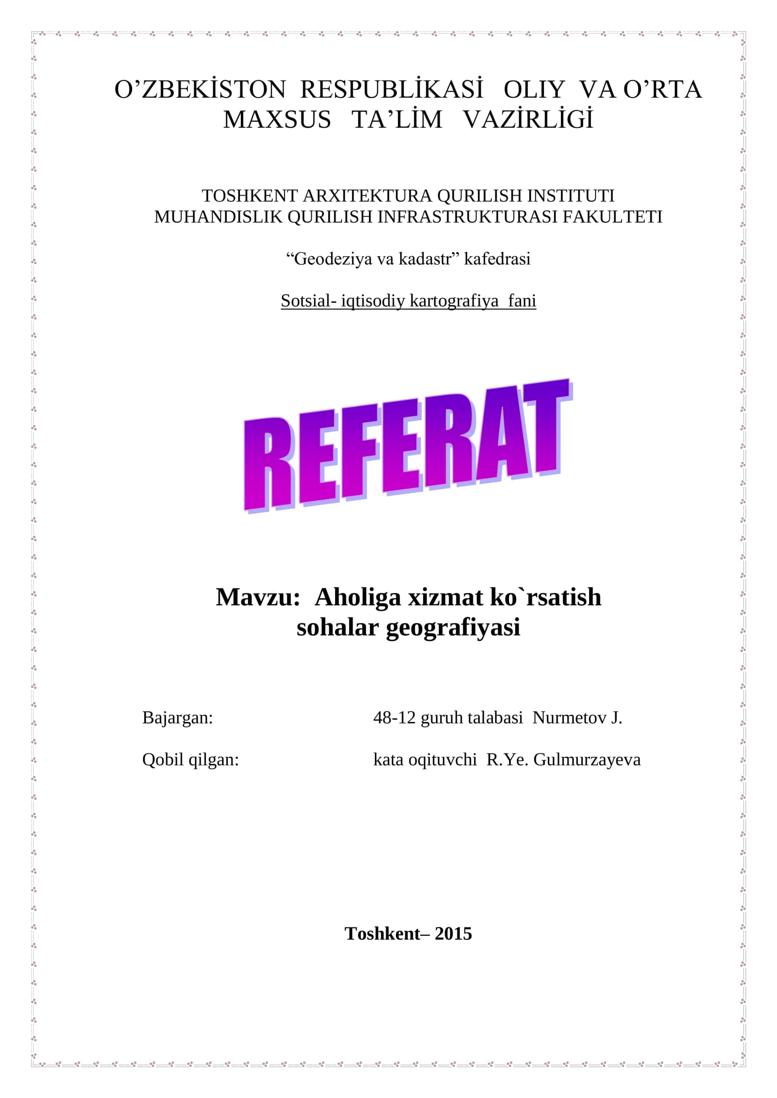 Aholiga xizmat ko`rsatish sohalar geografiyasi