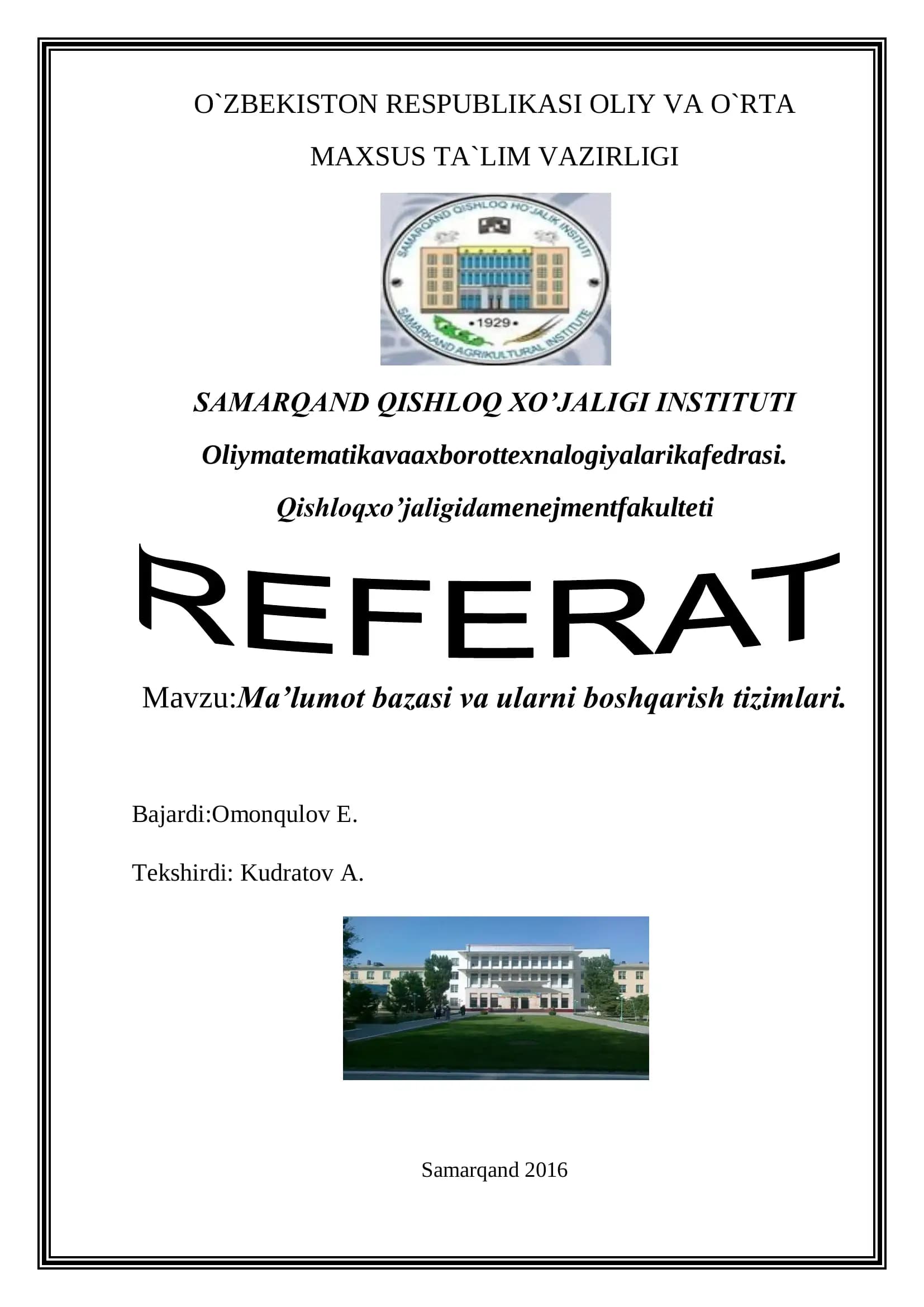 MA'LUMOTLAR OMBORI VA UNI BOShQARISh TIZIMI