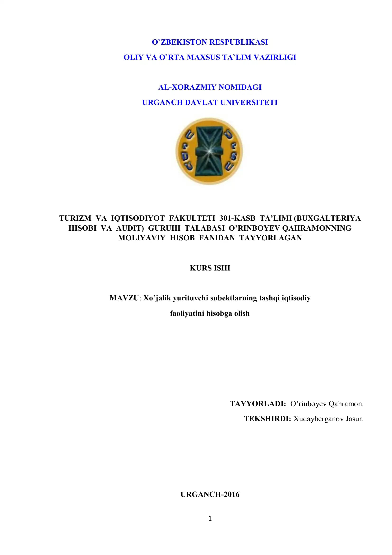 Xo’jalik yurituvchi subektlarning tashqi iqtisodiy faoliyatini hisobga olish