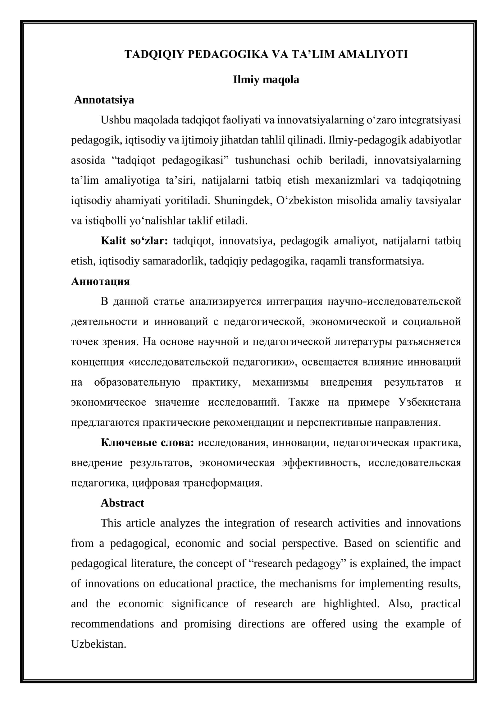 TADQIQIY PEDAGOGIKA VA TA’LIM AMALIYOTI