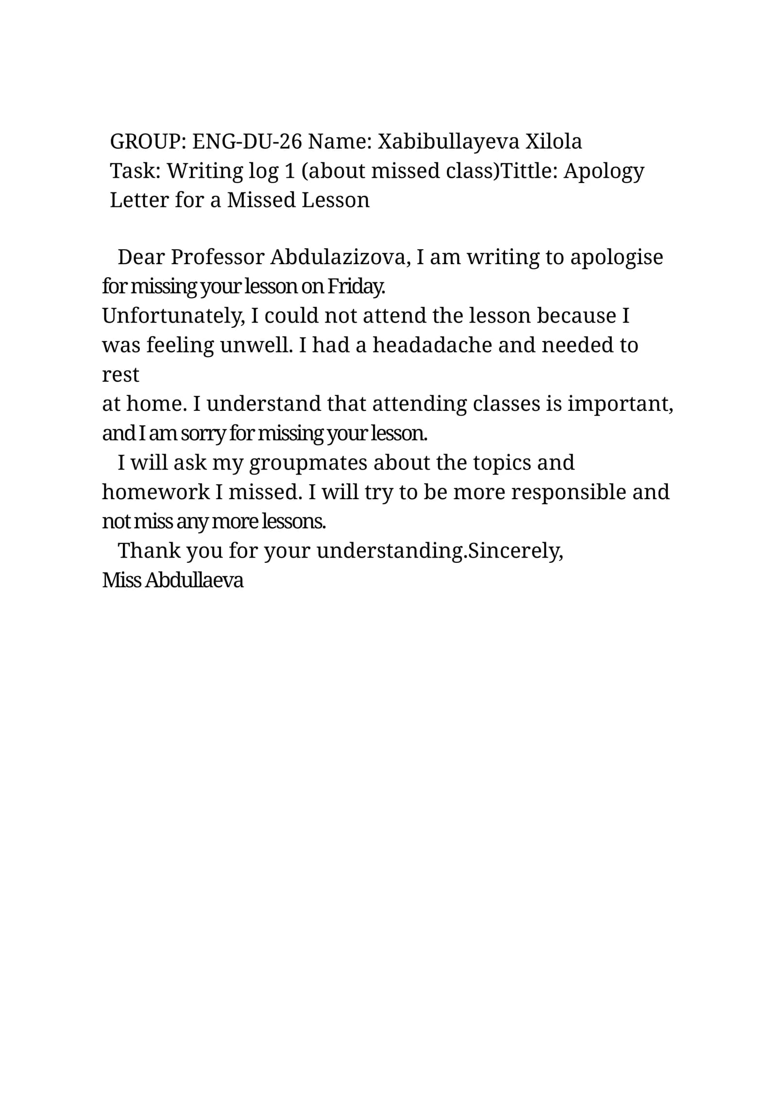Apology Letter for a Missed Lesson