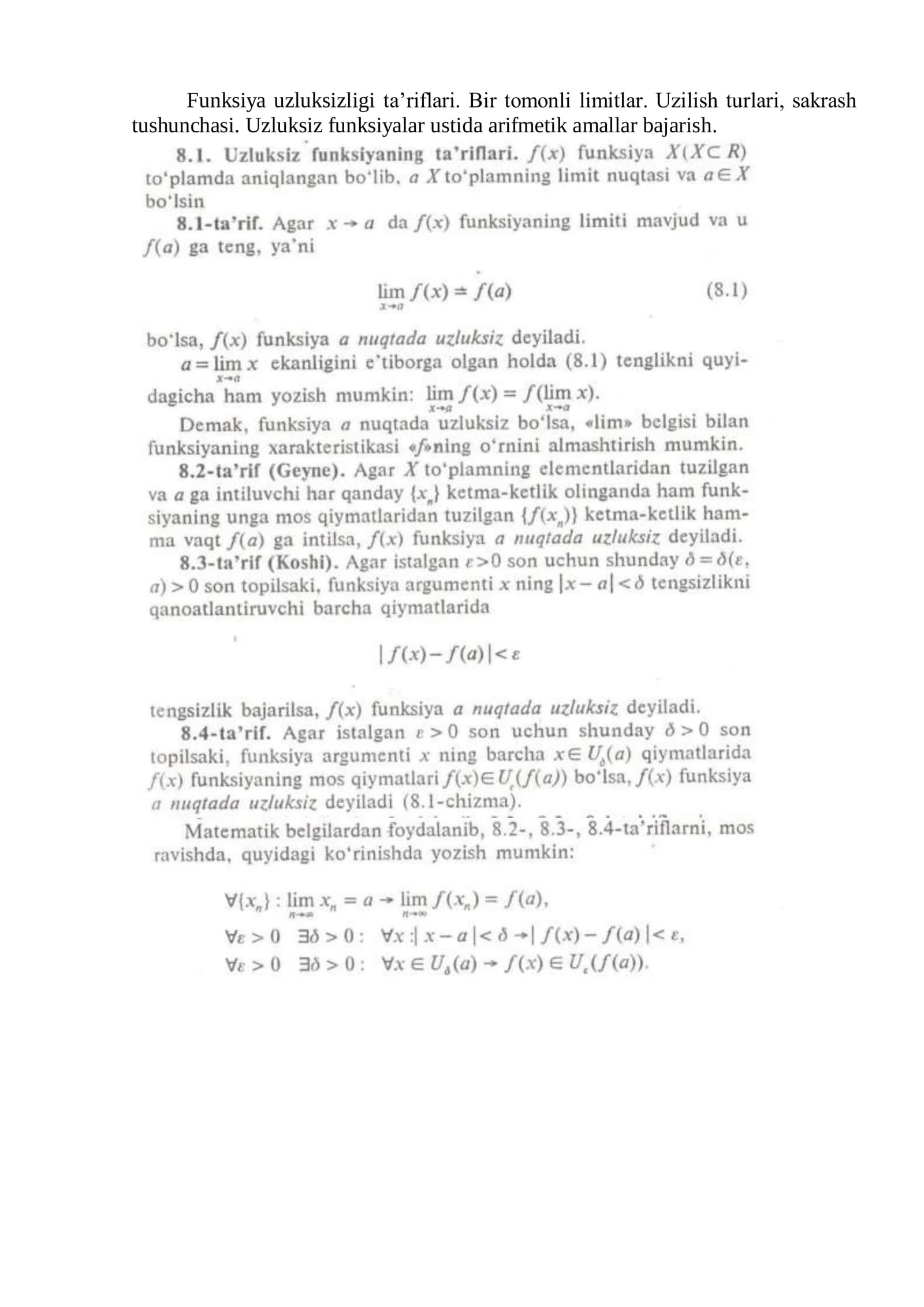 Uzluksiz funksiyalar ustida arifmetik amallar bajarish