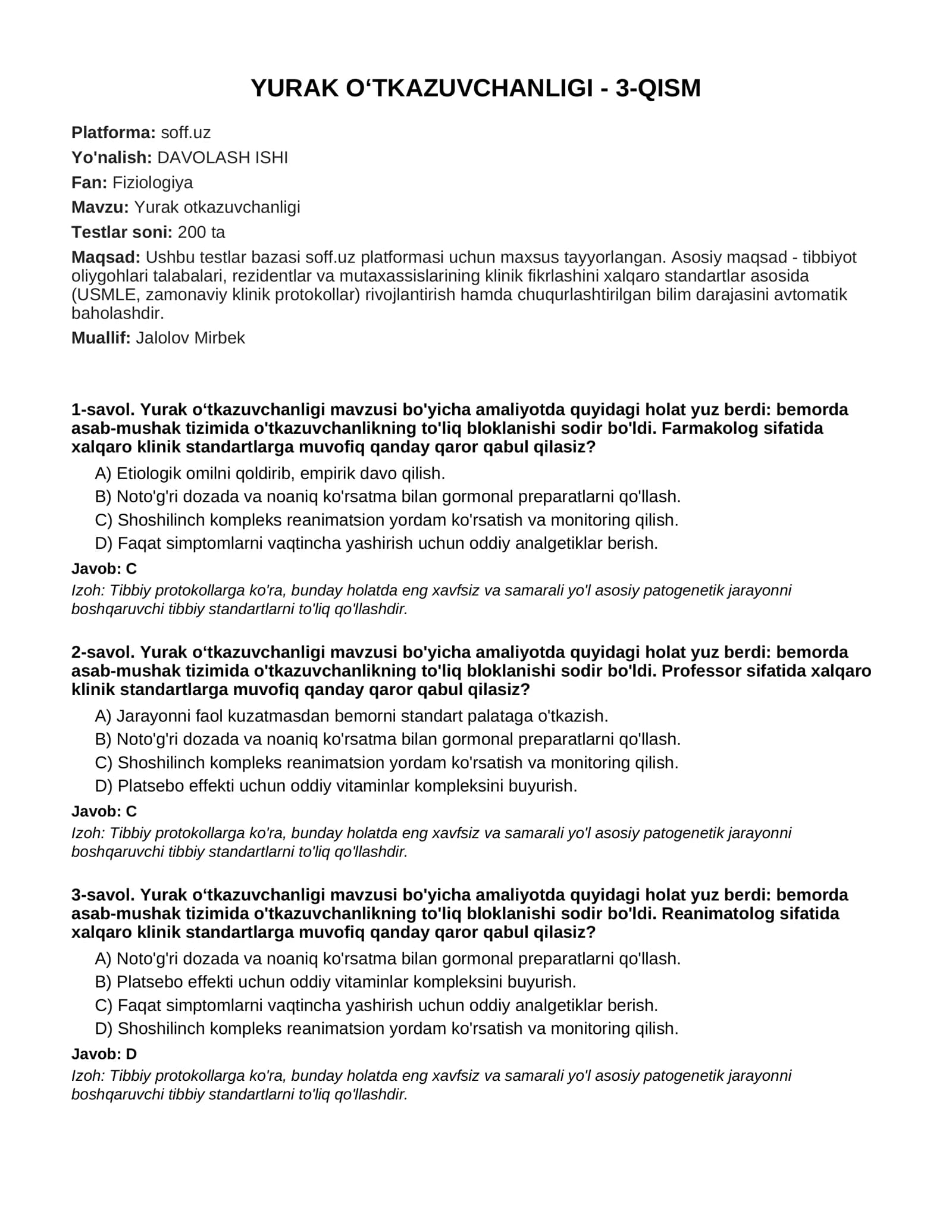 YURAK O‘TKAZUVCHANLIGI - 3-QISM