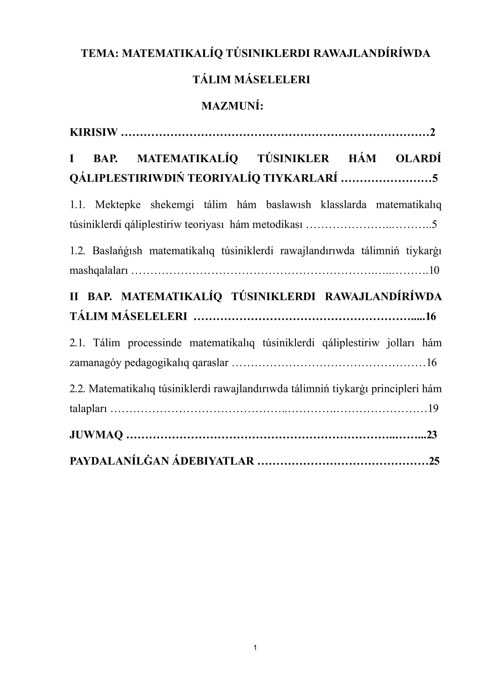 Matematikalıq túsiniklerdi rawajlandırıwda tálim máseleleri