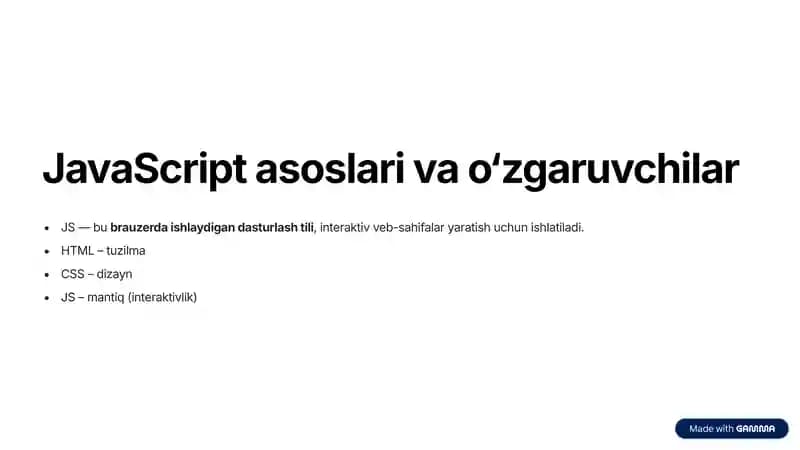JavaScript asoslari va o'zgaruvchilar