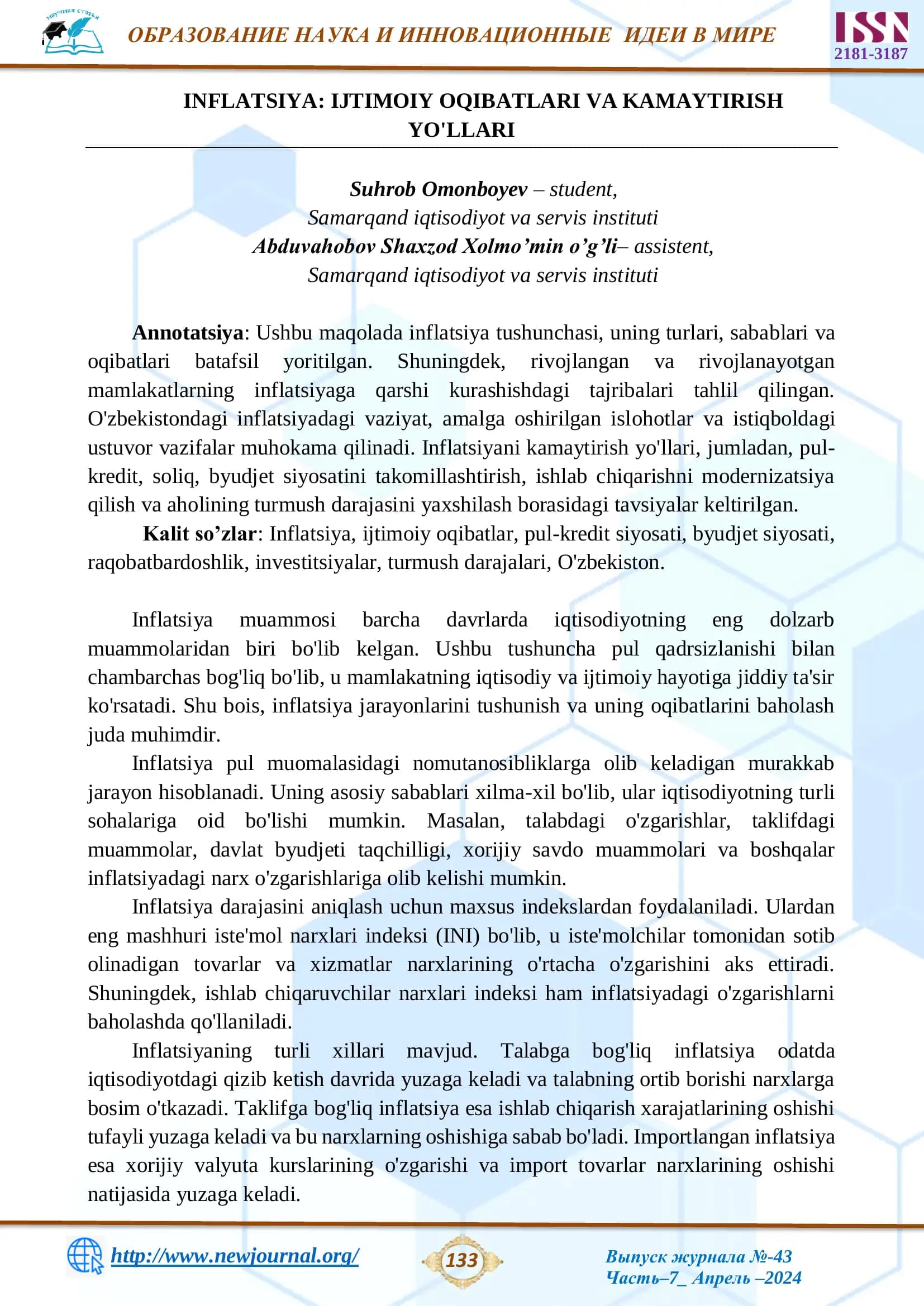 INFLATSIYA: IJTIMOIY OQIBATLARI VA KAMAYTIRISH YO'LLARI