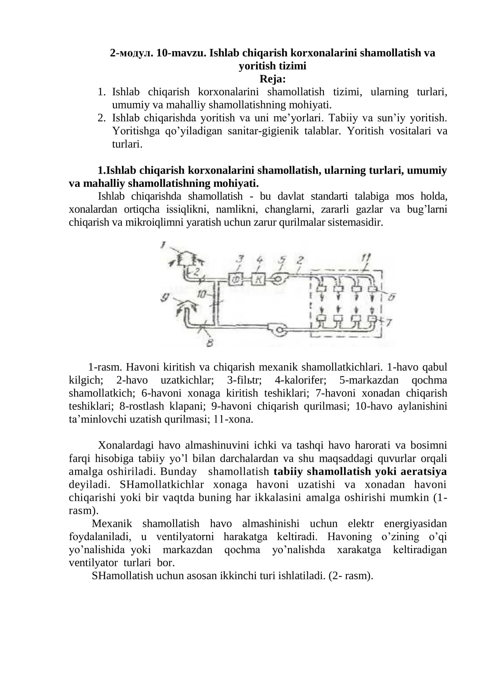 Ishlab chiqarish korxonalarini shamollatish va yoritish tizimi
