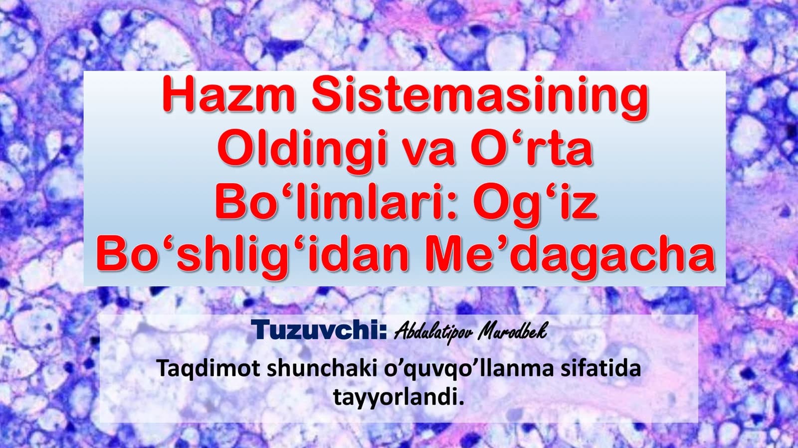 Hazm Sistemasining oldingi va o'rta bo'limlari: og'iz bo'shlig'idan medagacha