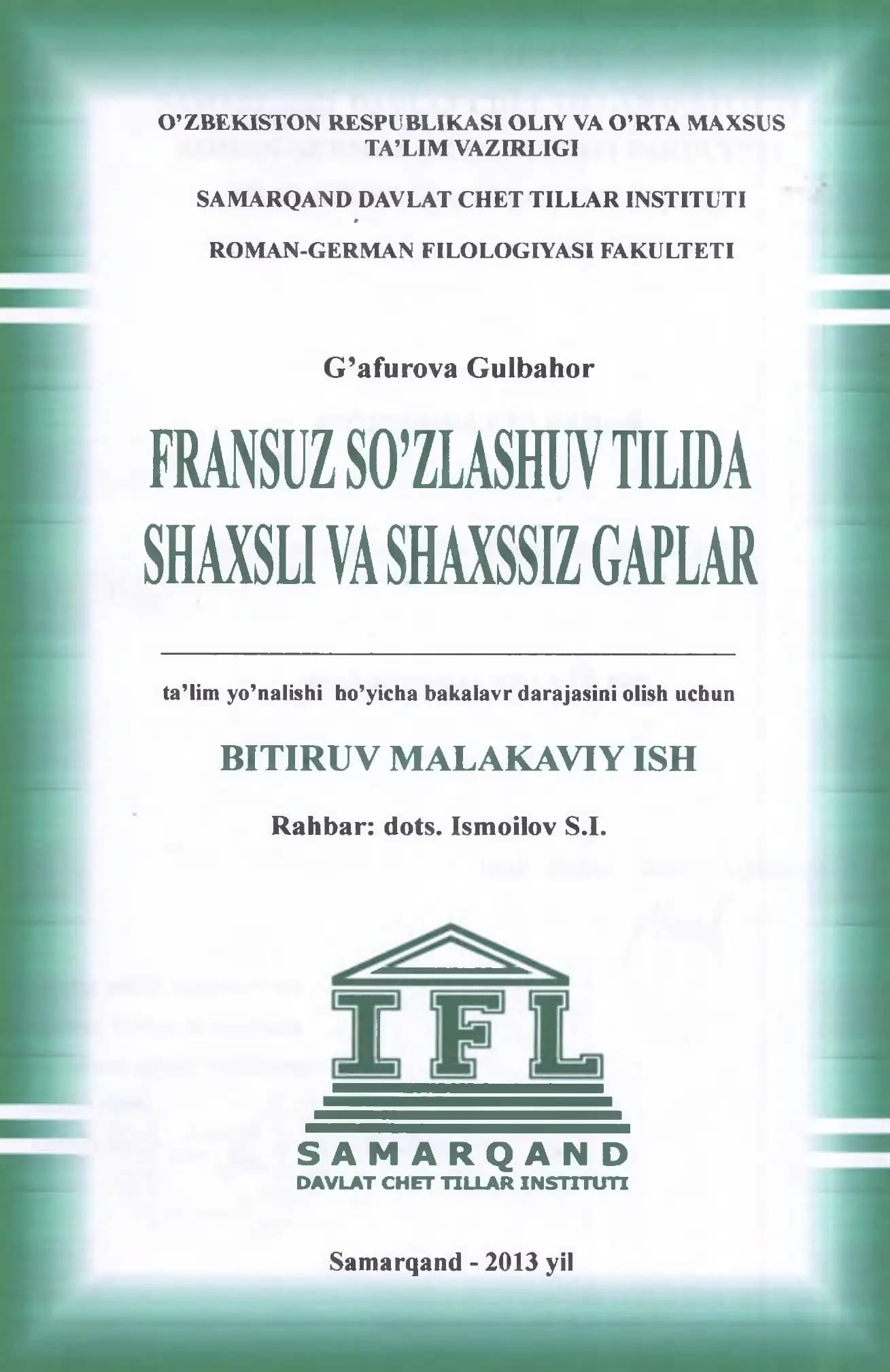 FRANSUZ SO’ZLASHUV TILIDA SHAXSLI VA SHAXSSIZ GAPLAR