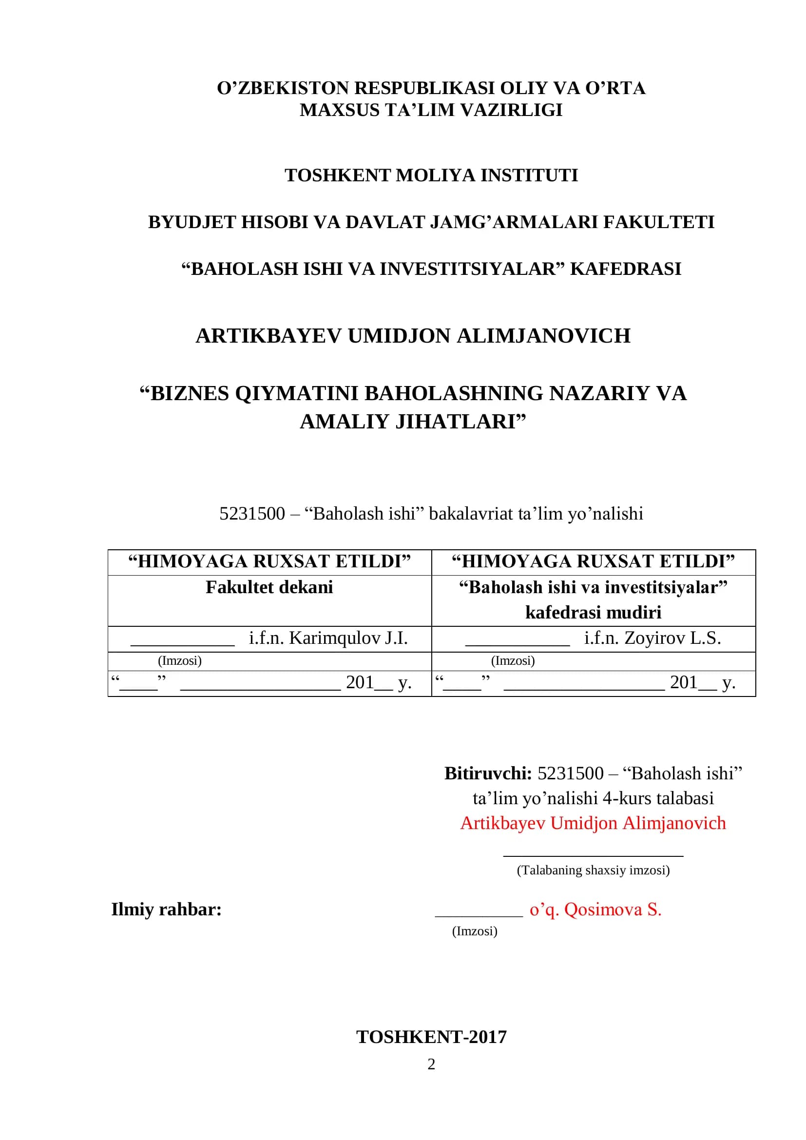 Baholash ishi va investitsiyalar