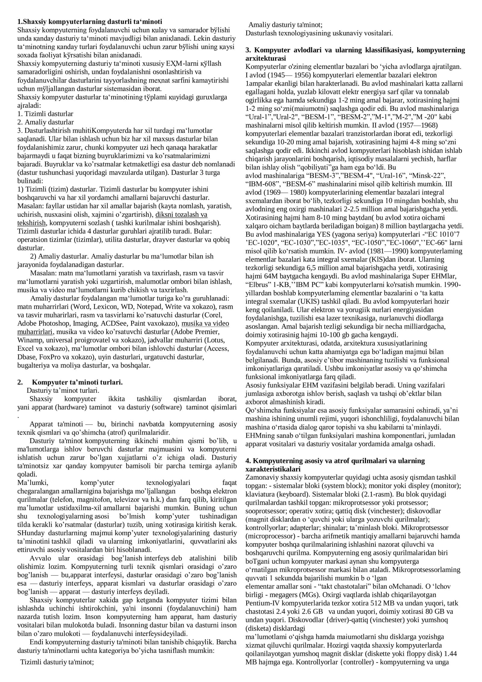 Shaxsiy kompyuterlarning dasturli ta‘minoti