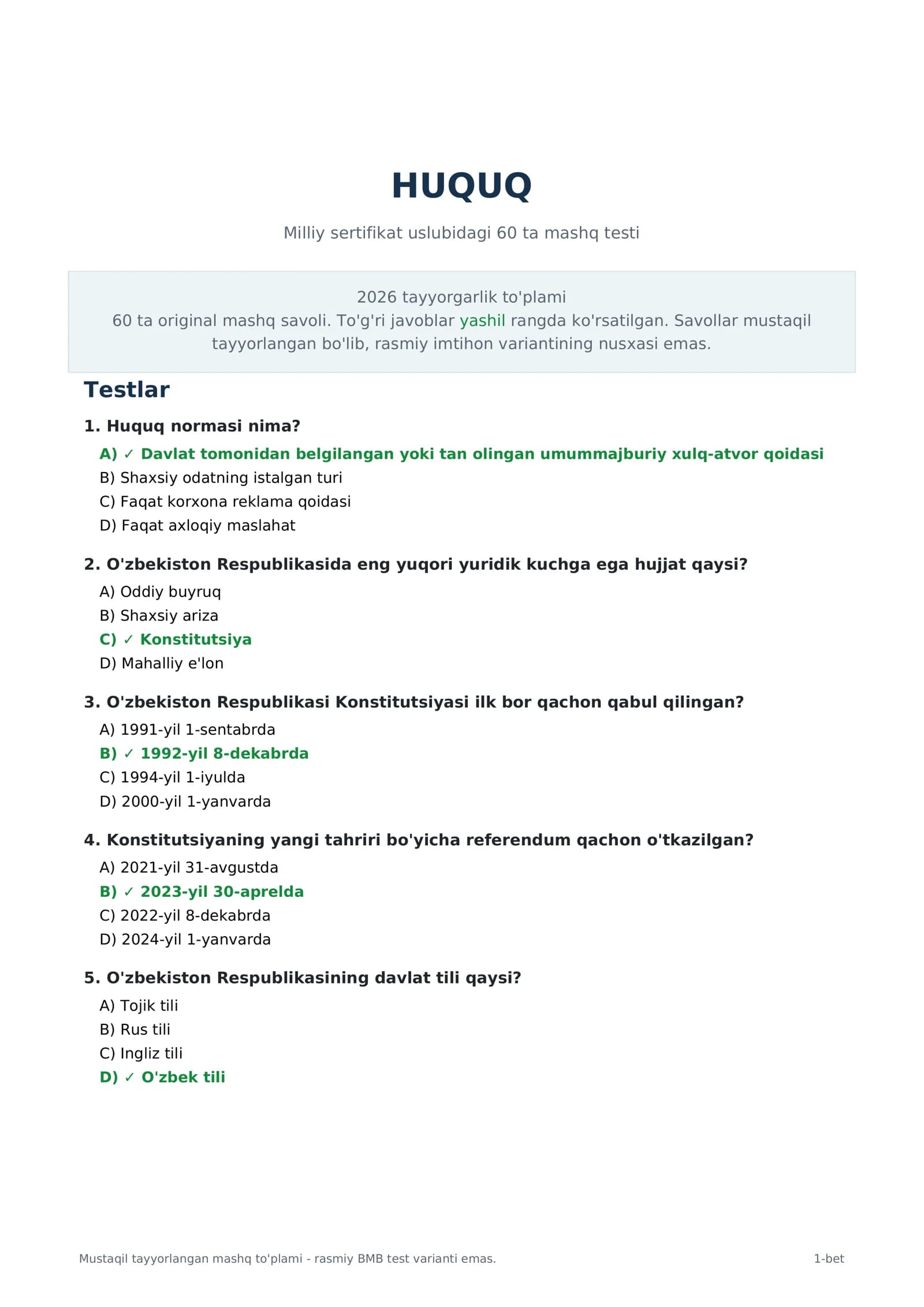 🔥 HUQUQ FANIDAN 60 TA TEST + TO‘G‘RI JAVOBLAR | IMTIHON VA SERTIFIKATGA TAYYORLOV | 2026 📚