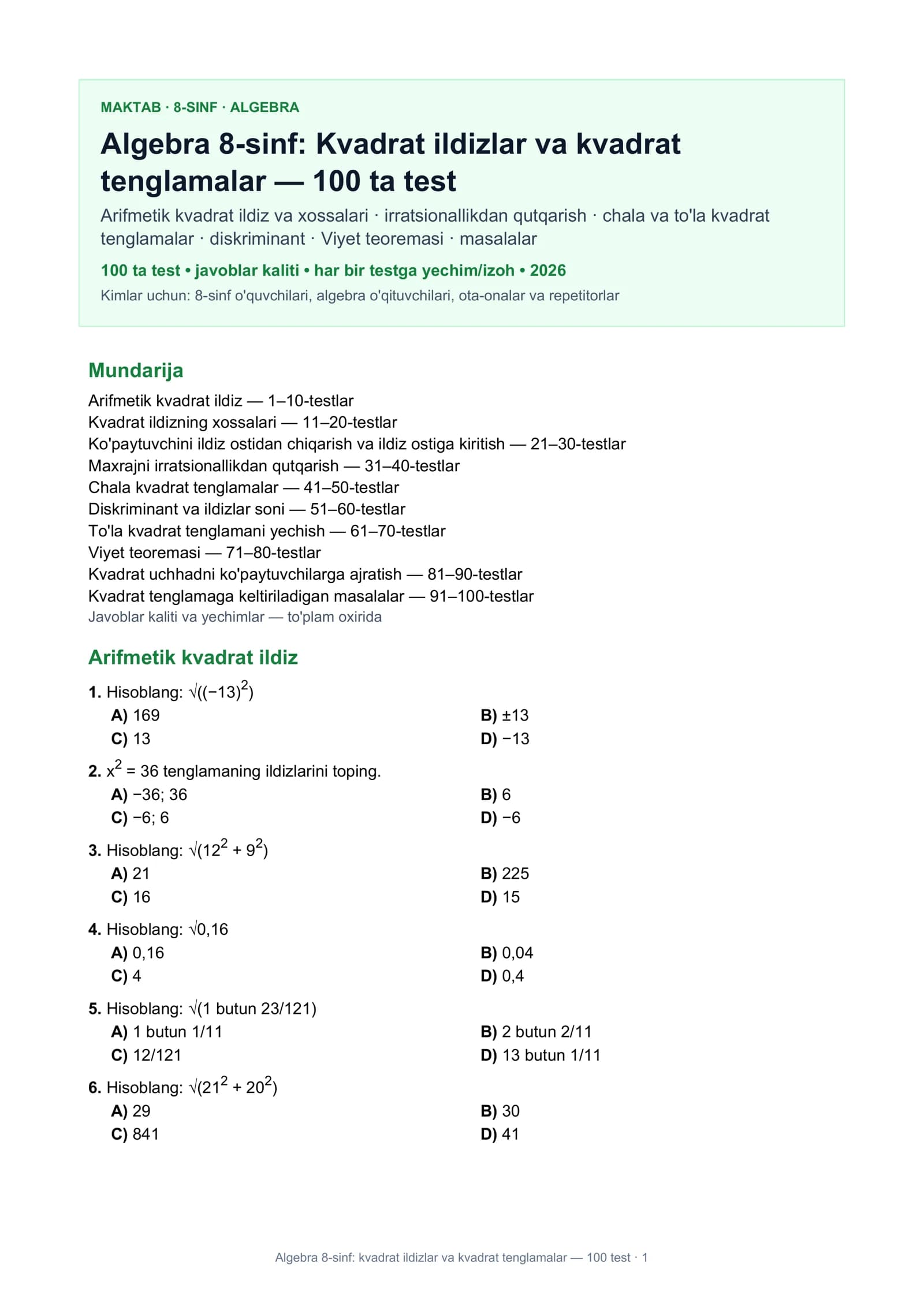 Algebra 8-sinf: kvadrat ildizlar va kvadrat tenglamalar