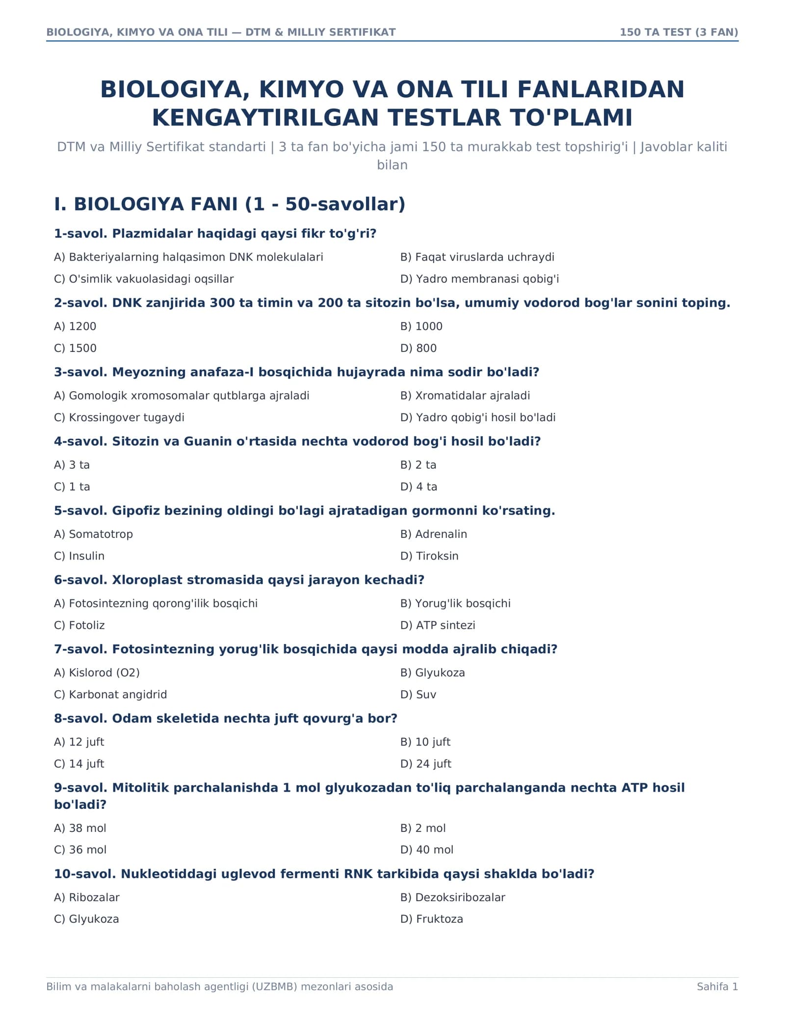 BIOLOGIYA, KIMYO VA ONA TILI — DTM & MILLIY SERTIFIKAT