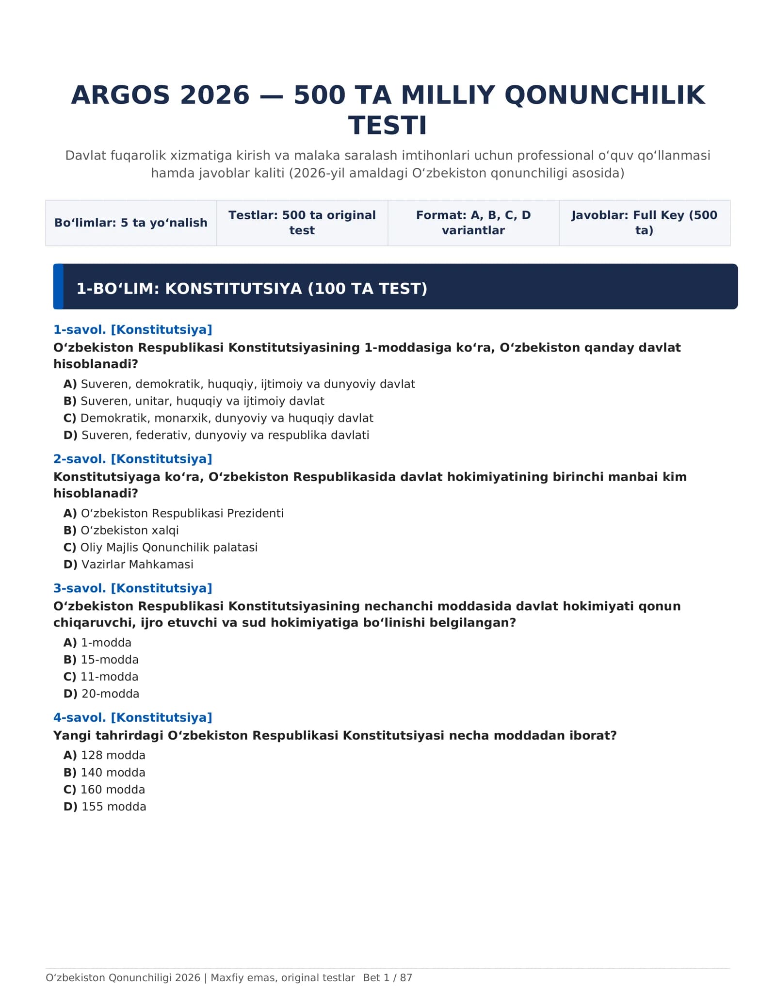 ARGOS 2026 — 500 TA MILLIY QONUNCHILIK TESTI | Javoblar bilan