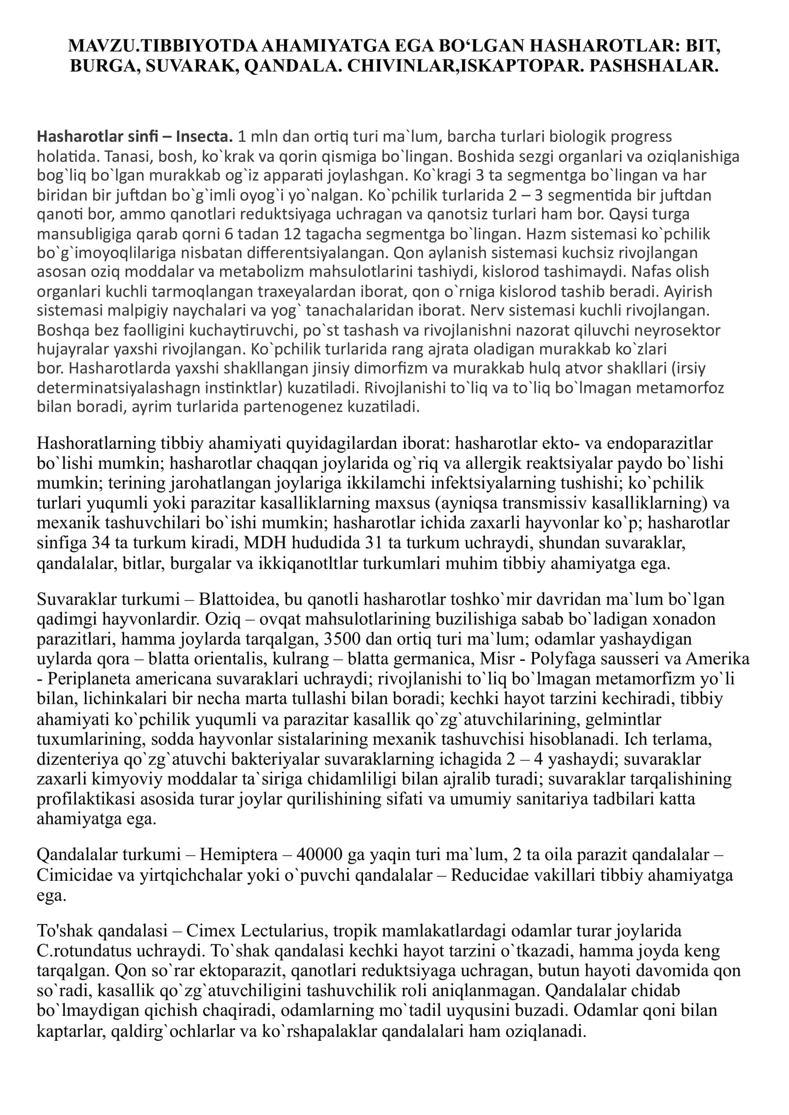 Tibbiyotda ahamiyatga ega boʻlgan Hashoratlar