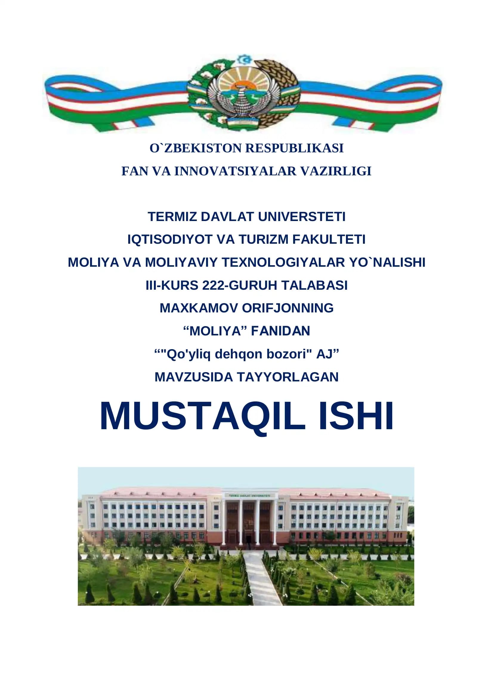 "Qo'yliq dehqon bozori" AJ Mustaqil ishi