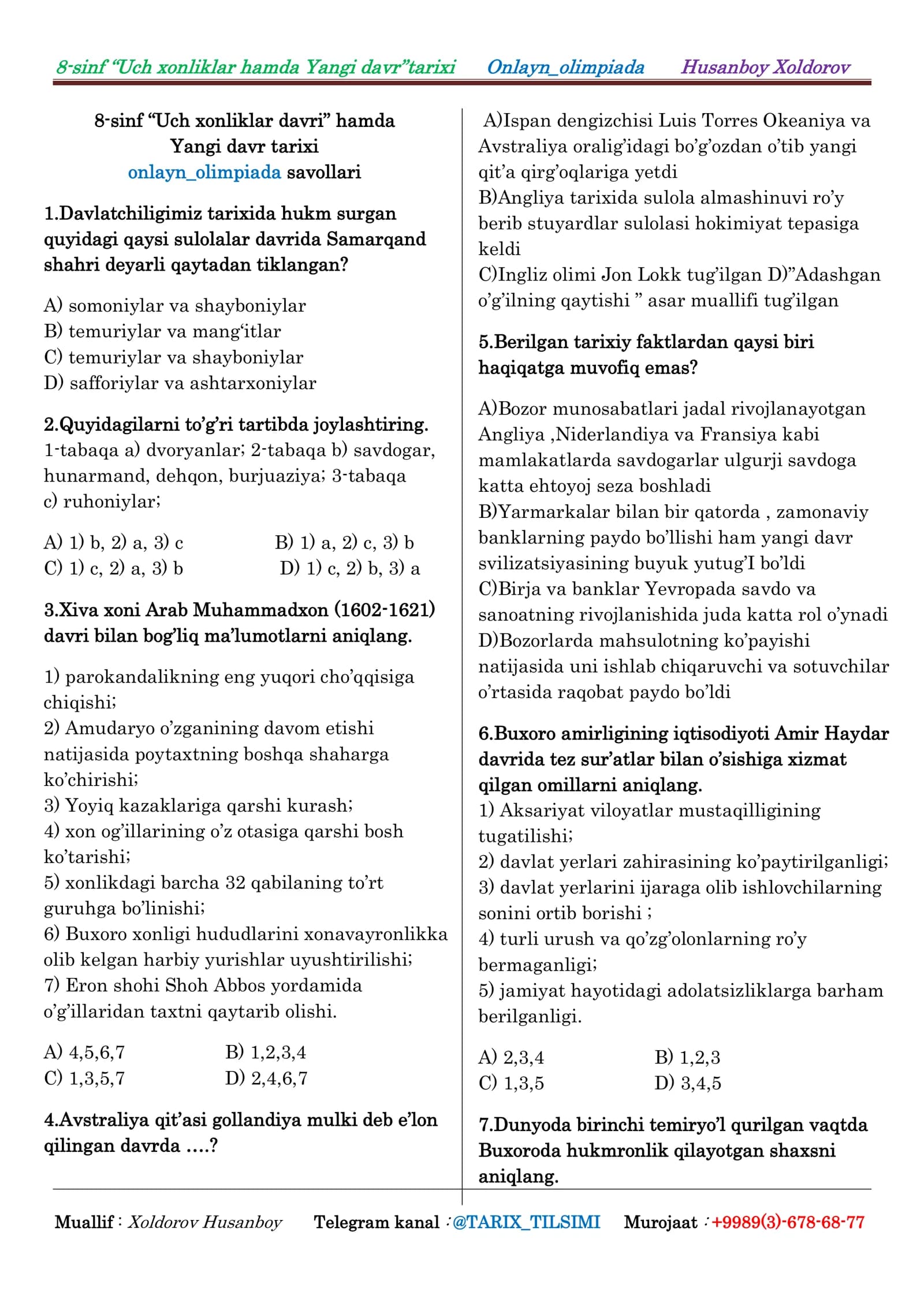8-sinf “Uch xonliklar davri” hamda Yangi davr tarixi onlayn_olimpiada