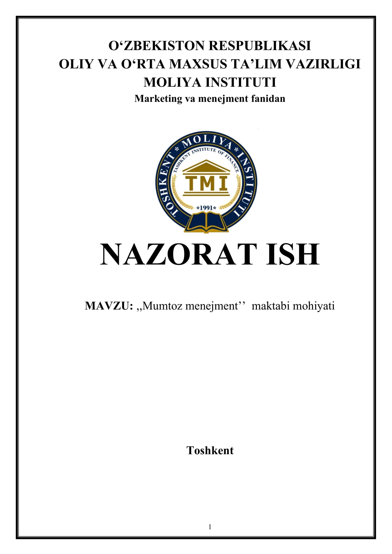 ,,Mumtoz menejment’’ maktabi mohiyati