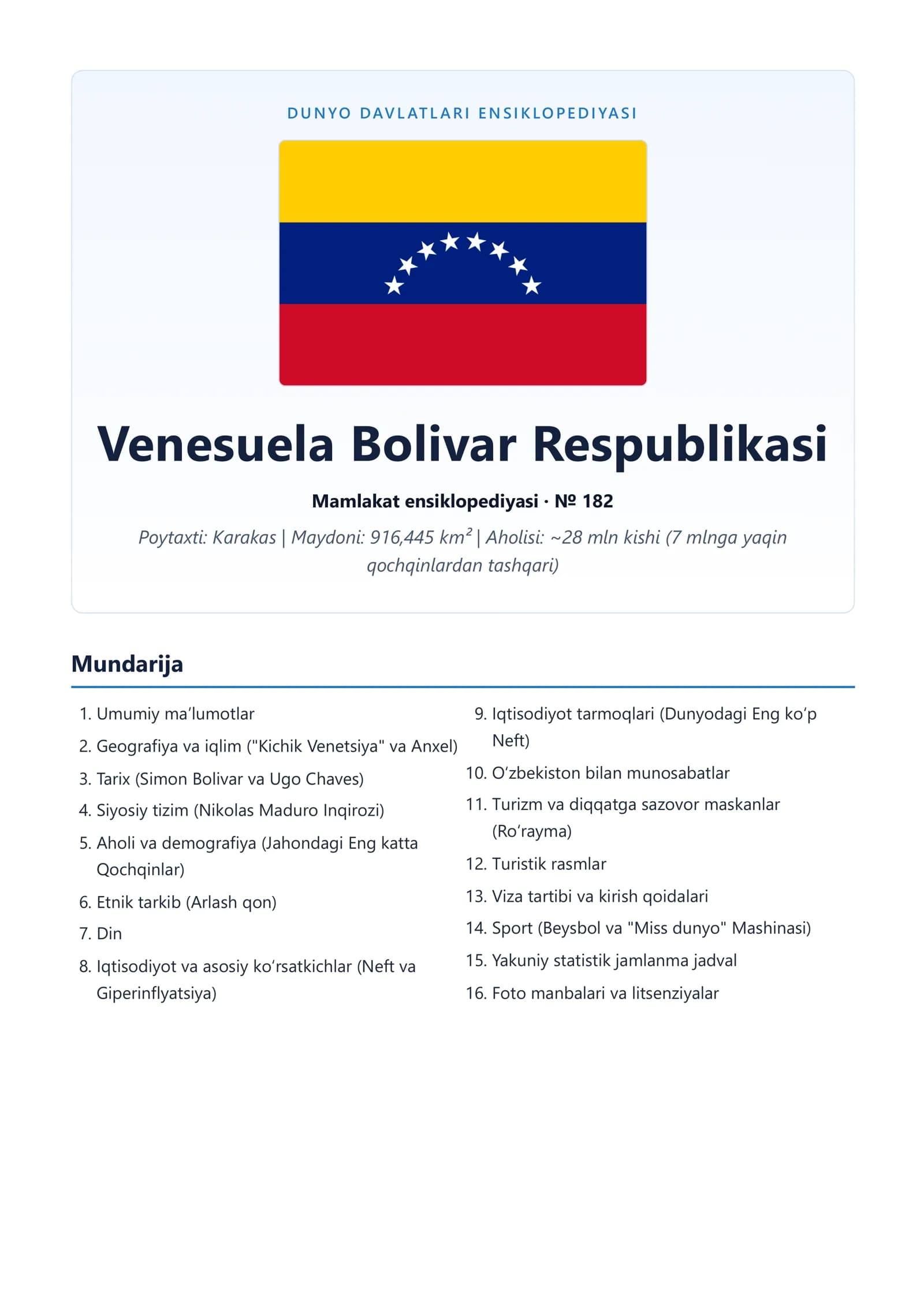 Venesuela Bolivar Respublikasi Mamlakat ensiklopediyasi