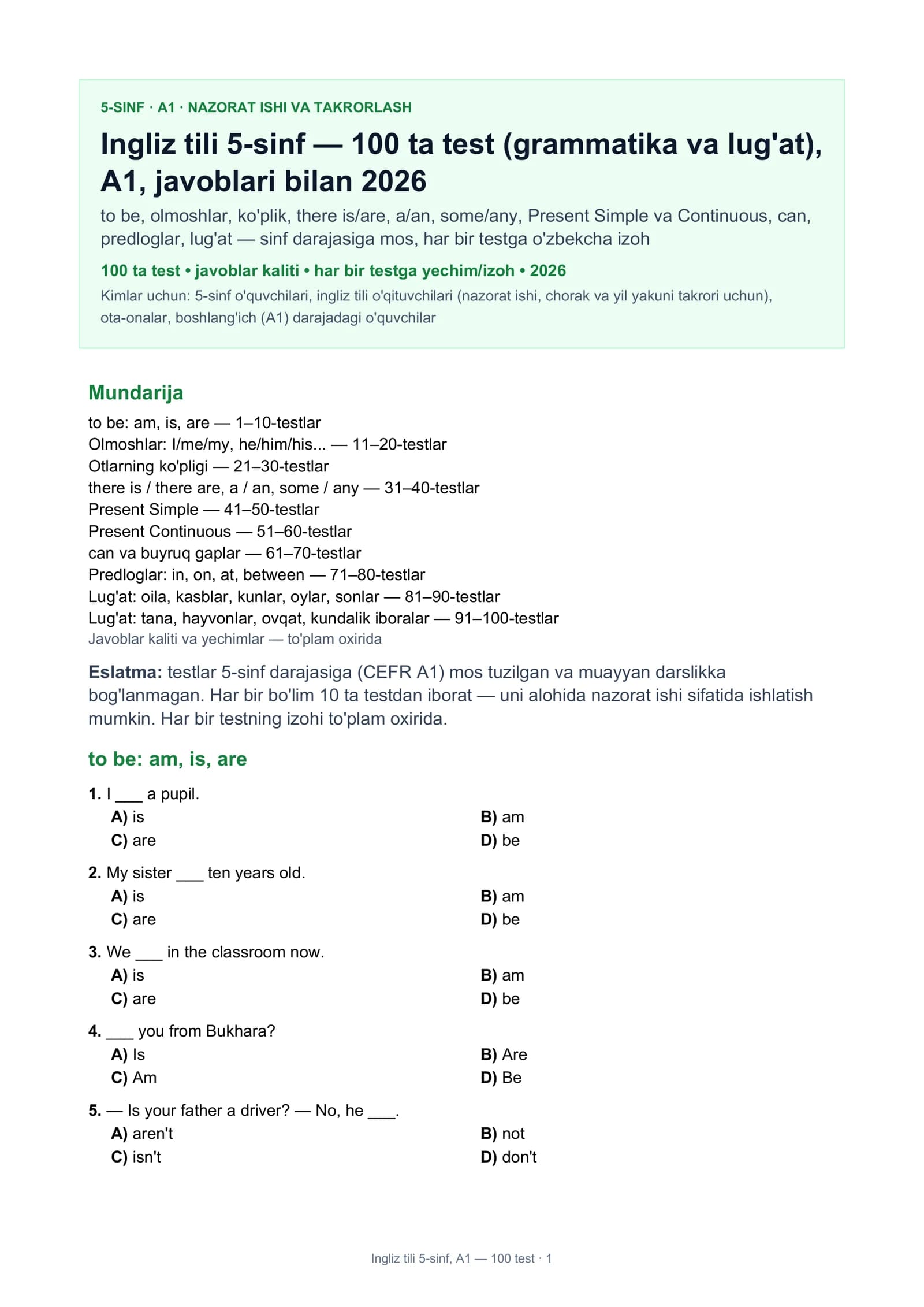 Ingliz tili 5-sinf, A1 — 100 test · 1