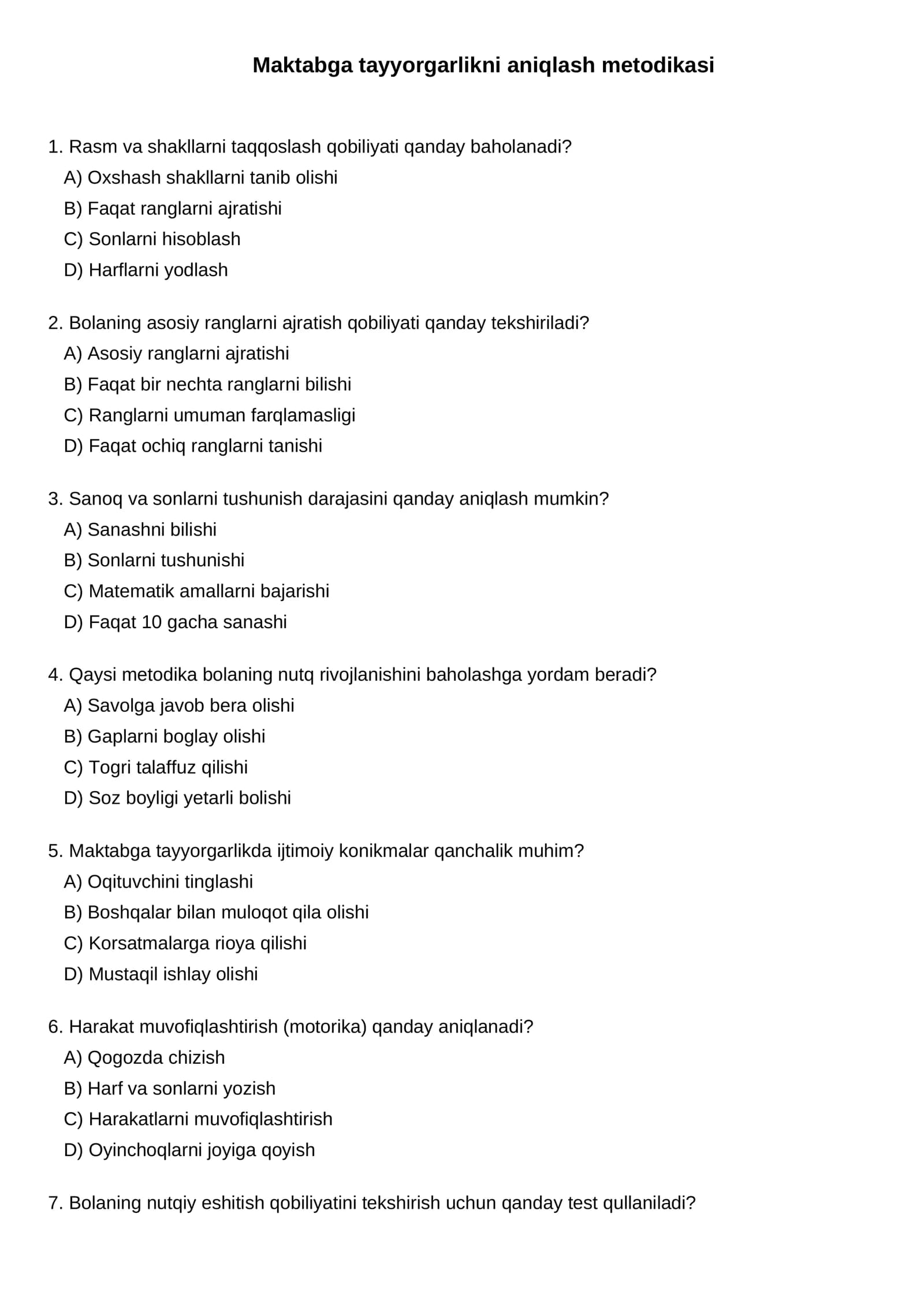 Maktabga tayyorgarlikni aniqlash metodikasi