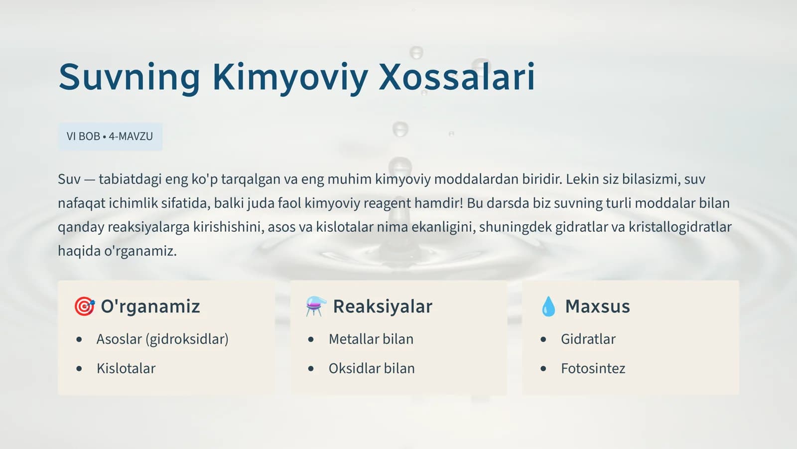 Suvning Kimyoviy Xossalari