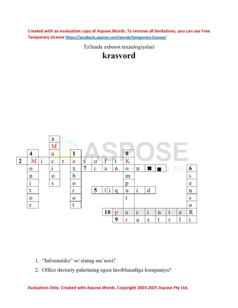 Axborot xavfsizligi krasvord