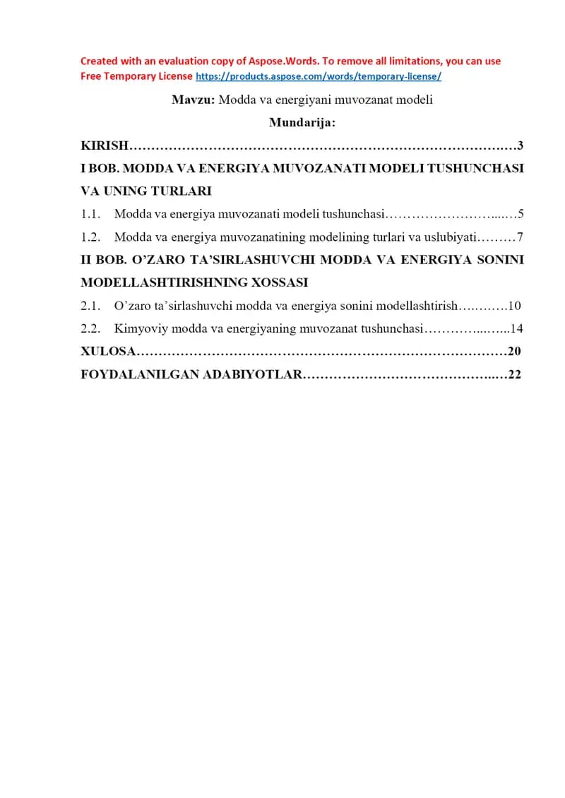 Modda va energiyani muvozanat modeli