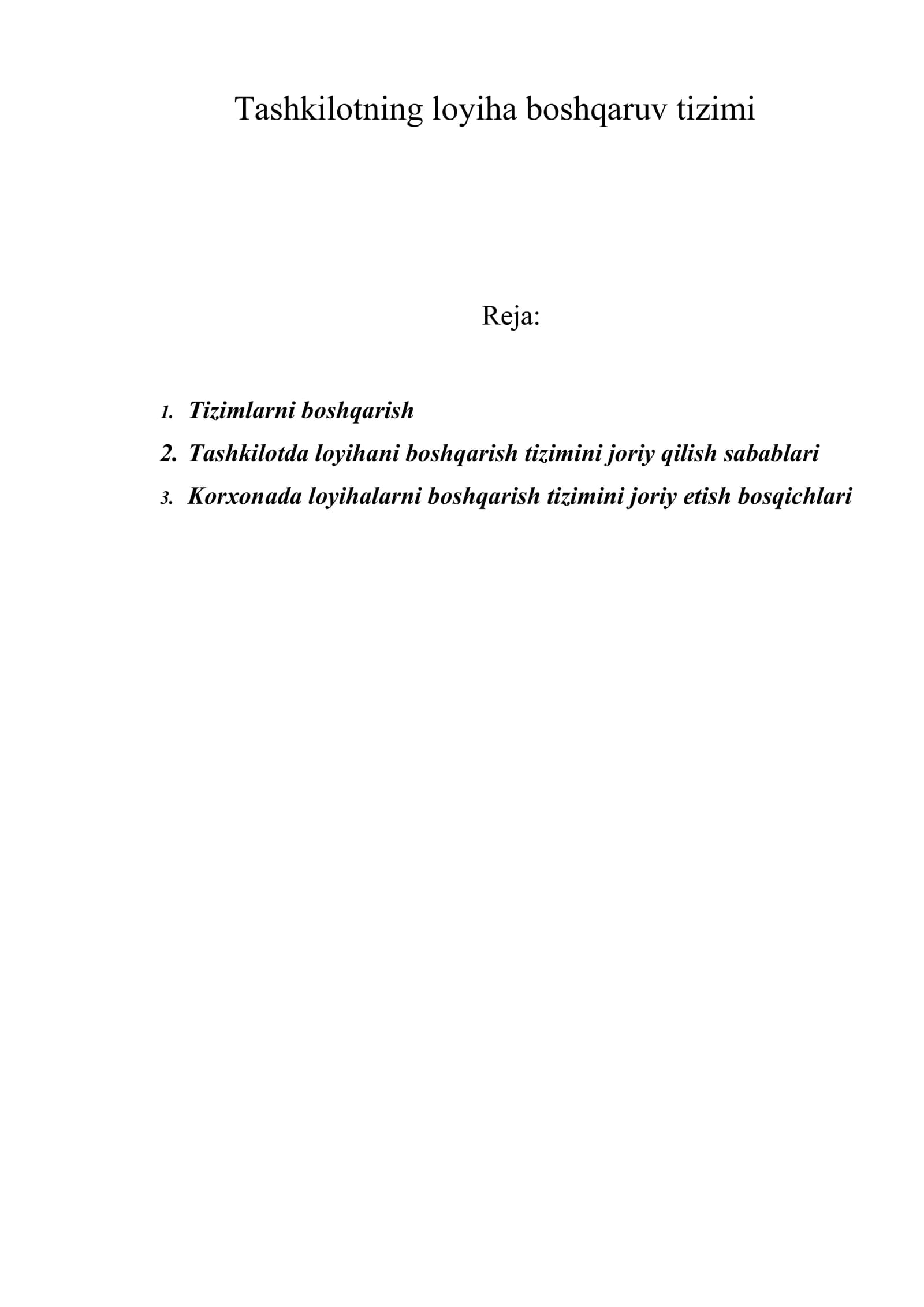Tashkilotning loyiha boshqaruv tizimi