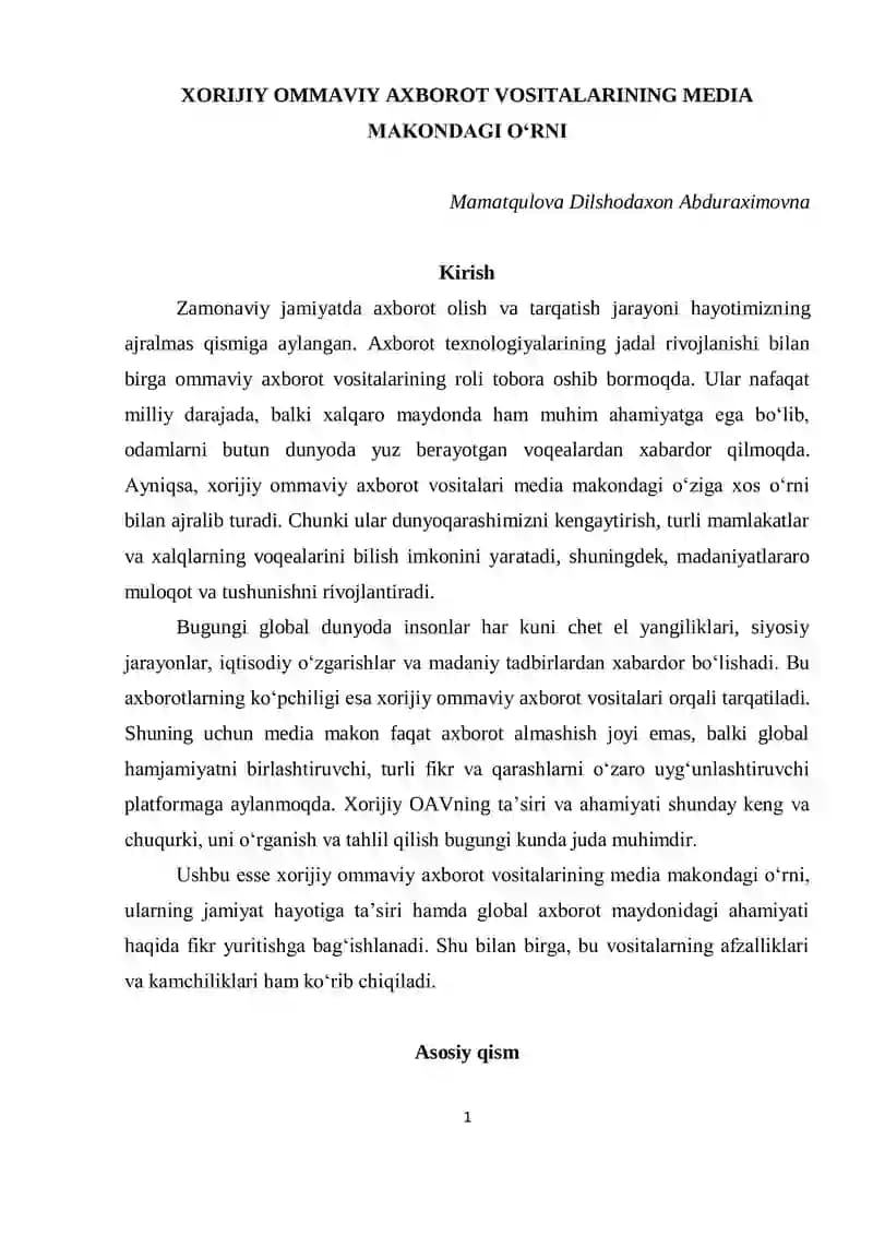 XORIJIY OMMAVIY AXBOROT VOSITALARINING MEDIA MAKONDAGI O‘RNI