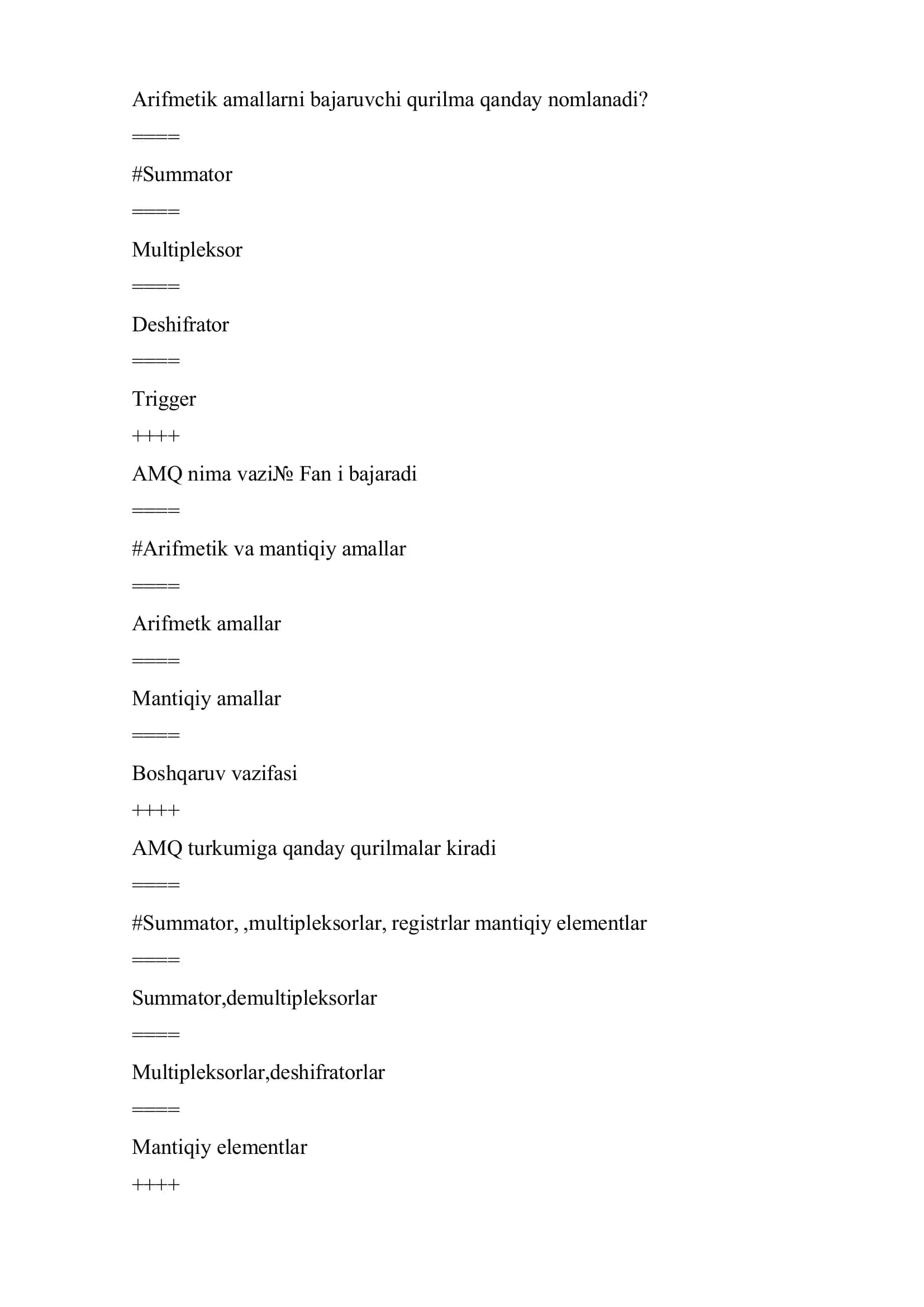 Mikroprotsessor va assambler test savollari javoblari